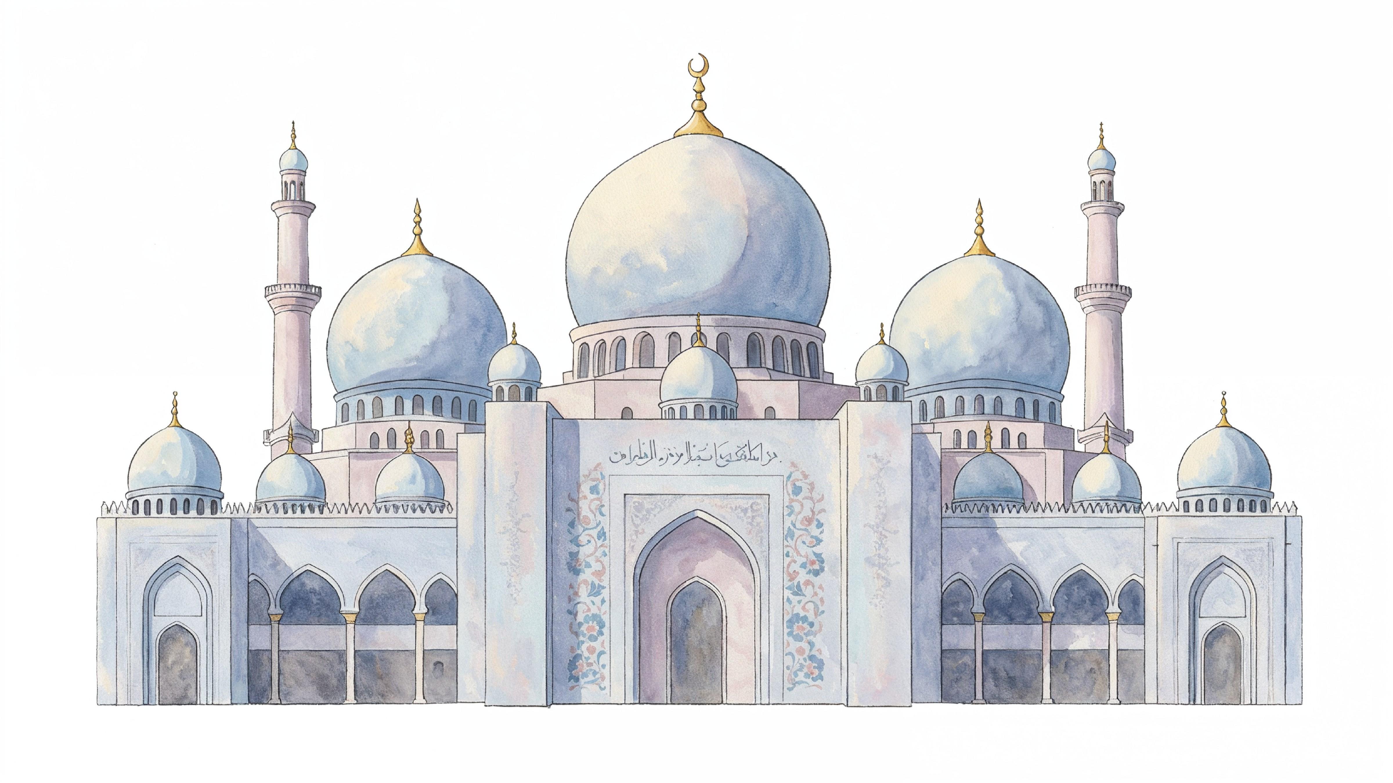 Classic Islamic Mosque Watercolor Illustration with Elegant Architectural Details