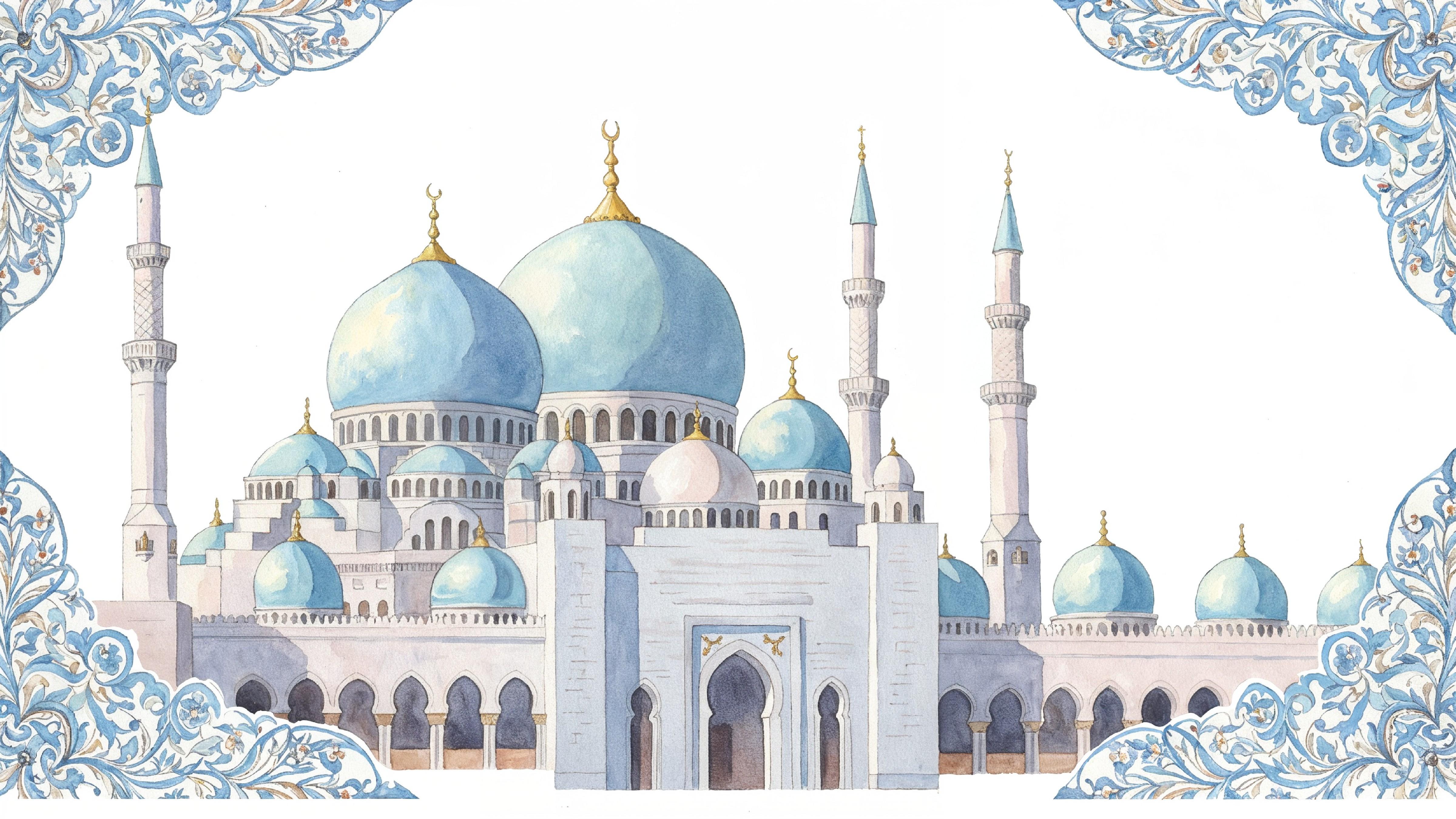 Classic Islamic Mosque Watercolor Illustration with Elegant Architectural Details