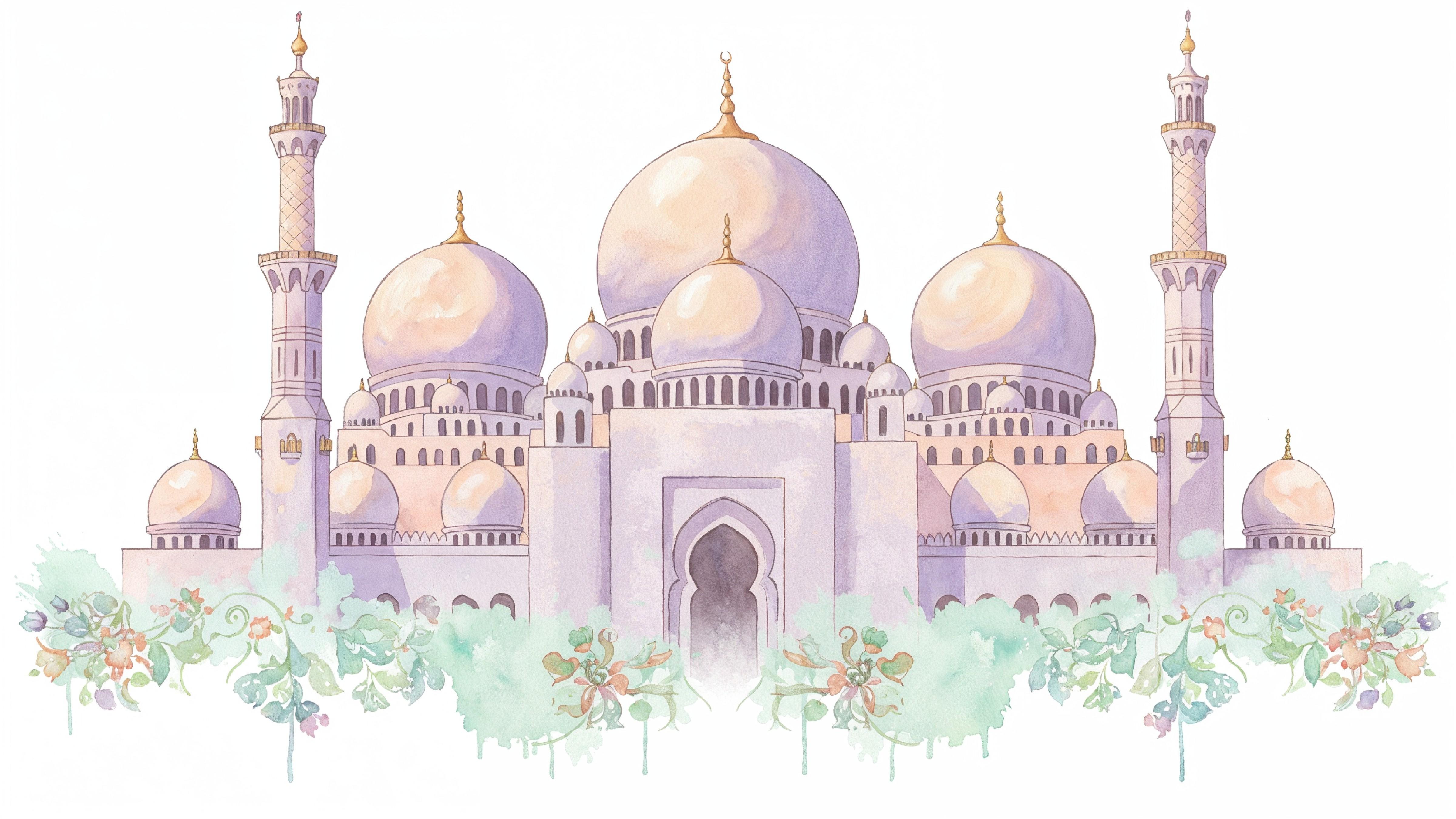 Classic Islamic Mosque Watercolor Illustration with Elegant Architectural Details
