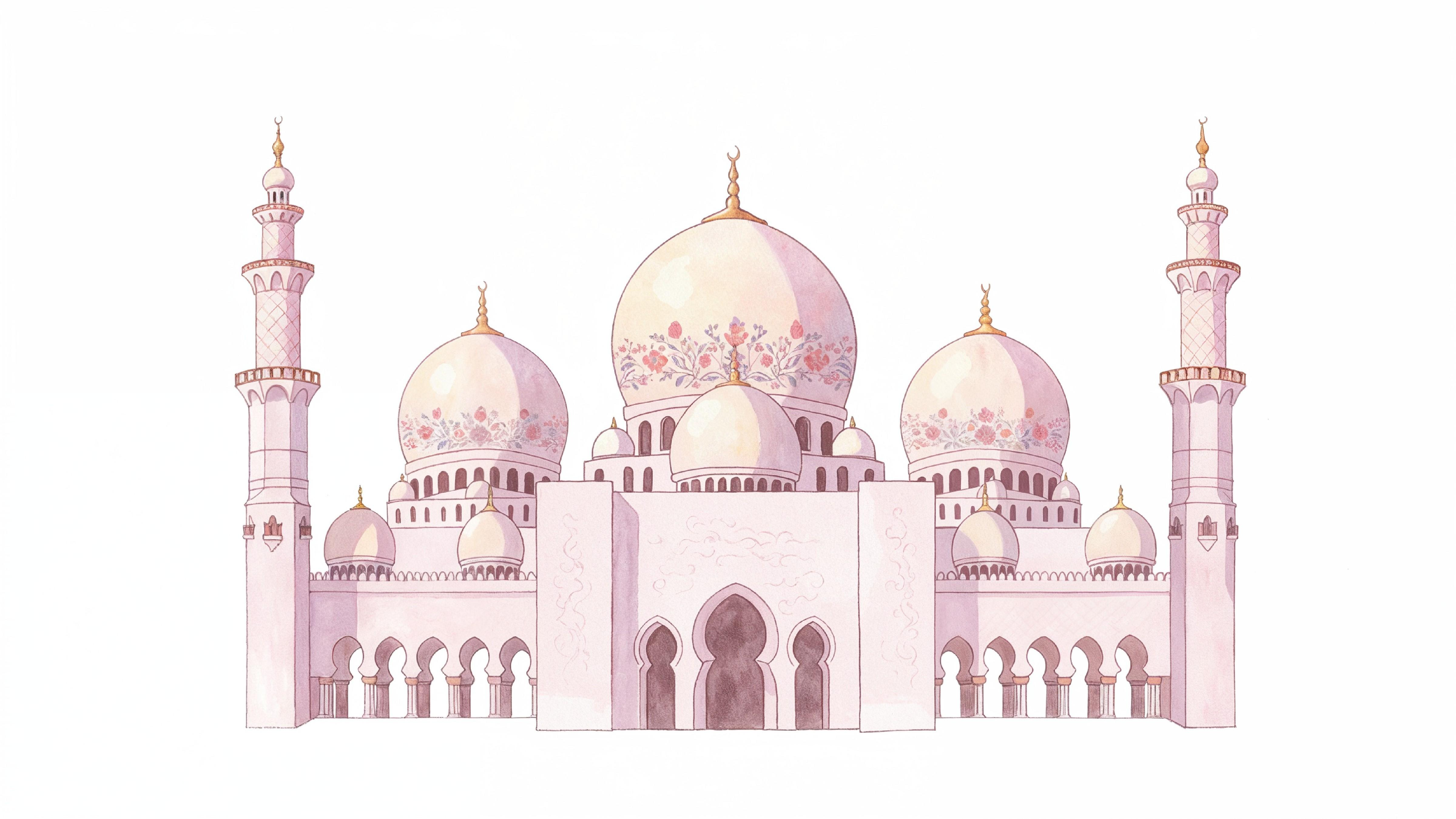 Classic Islamic Mosque Watercolor Illustration with Elegant Architectural Details