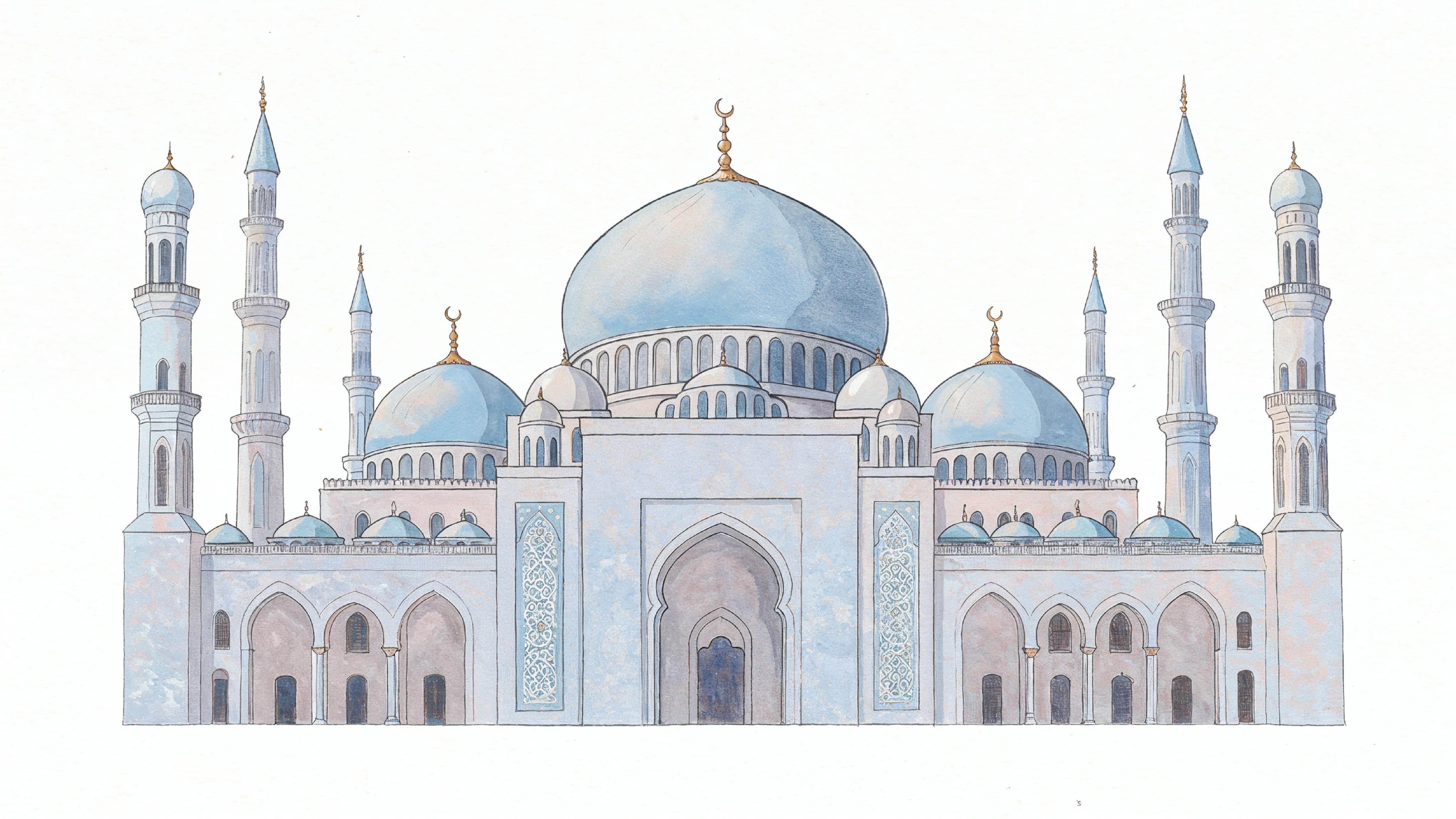 Classic Islamic Mosque Watercolor Illustration with Elegant Architectural Details
