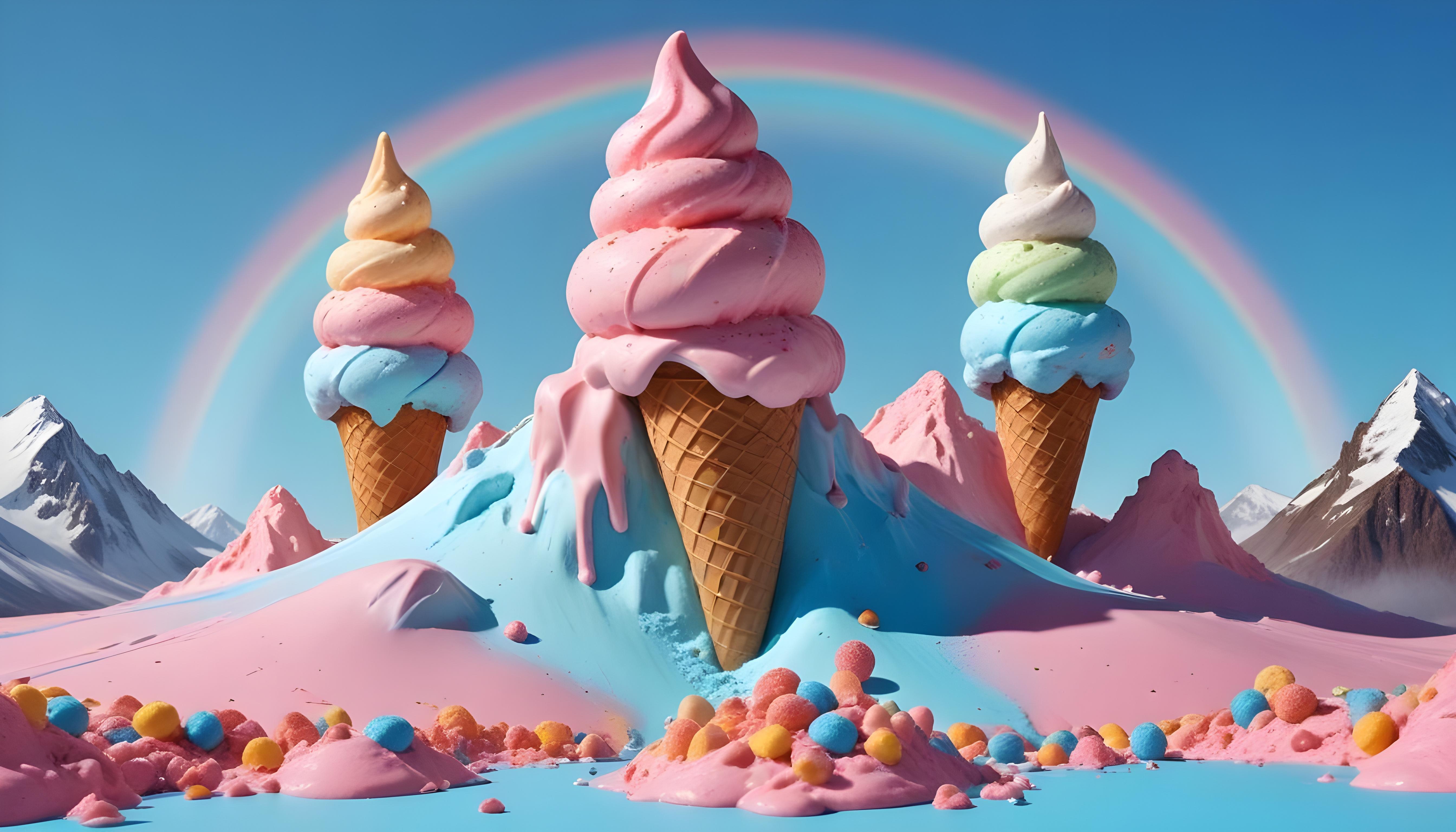 Colorful Soft Serve Ice Cream Cones with Whimsical Dessert Theme Background