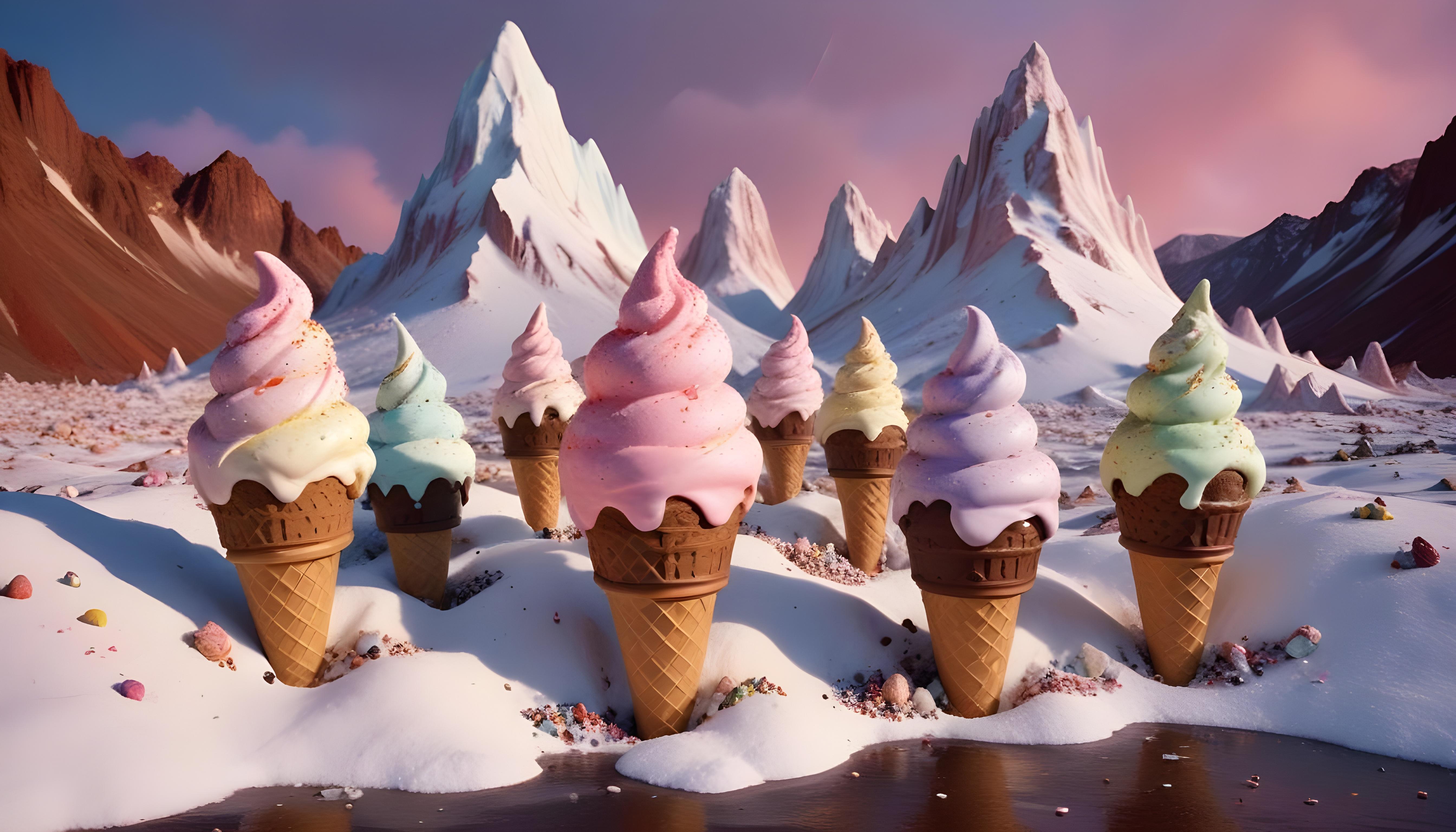 Colorful Soft Serve Ice Cream Cones with Whimsical Dessert Theme Background