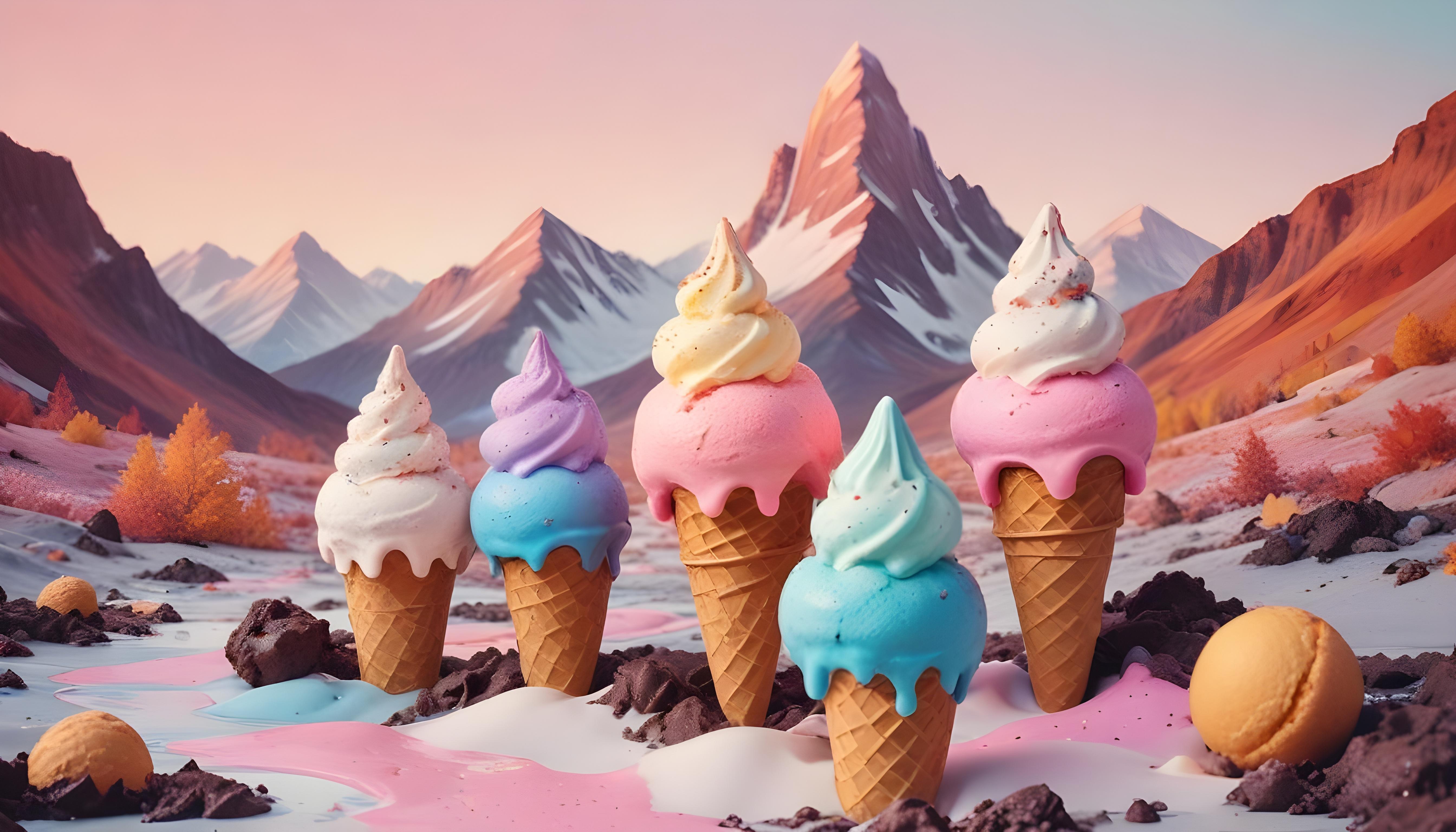Colorful Soft Serve Ice Cream Cones with Whimsical Dessert Theme Background