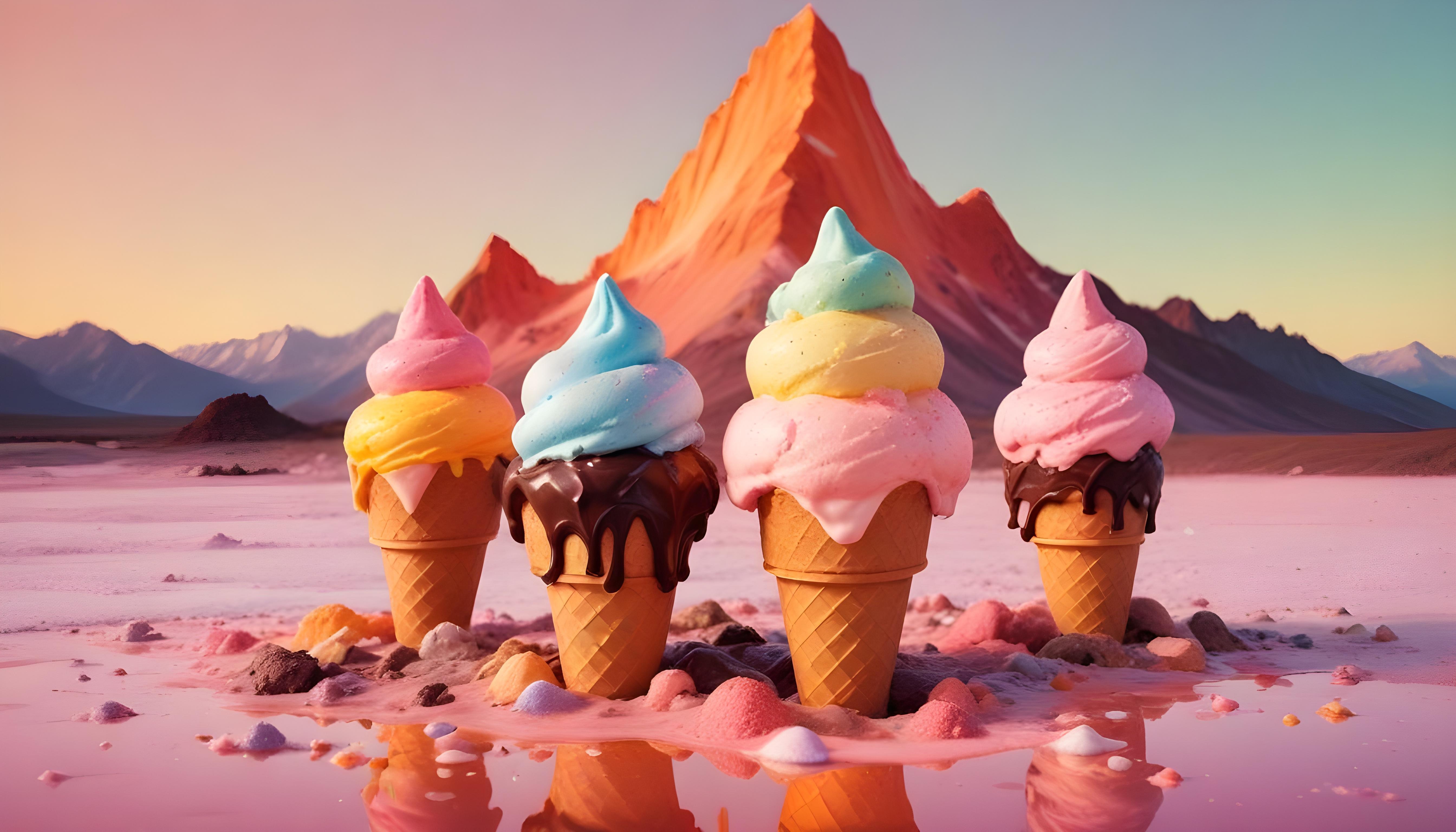 Colorful Soft Serve Ice Cream Cones with Whimsical Dessert Theme Background