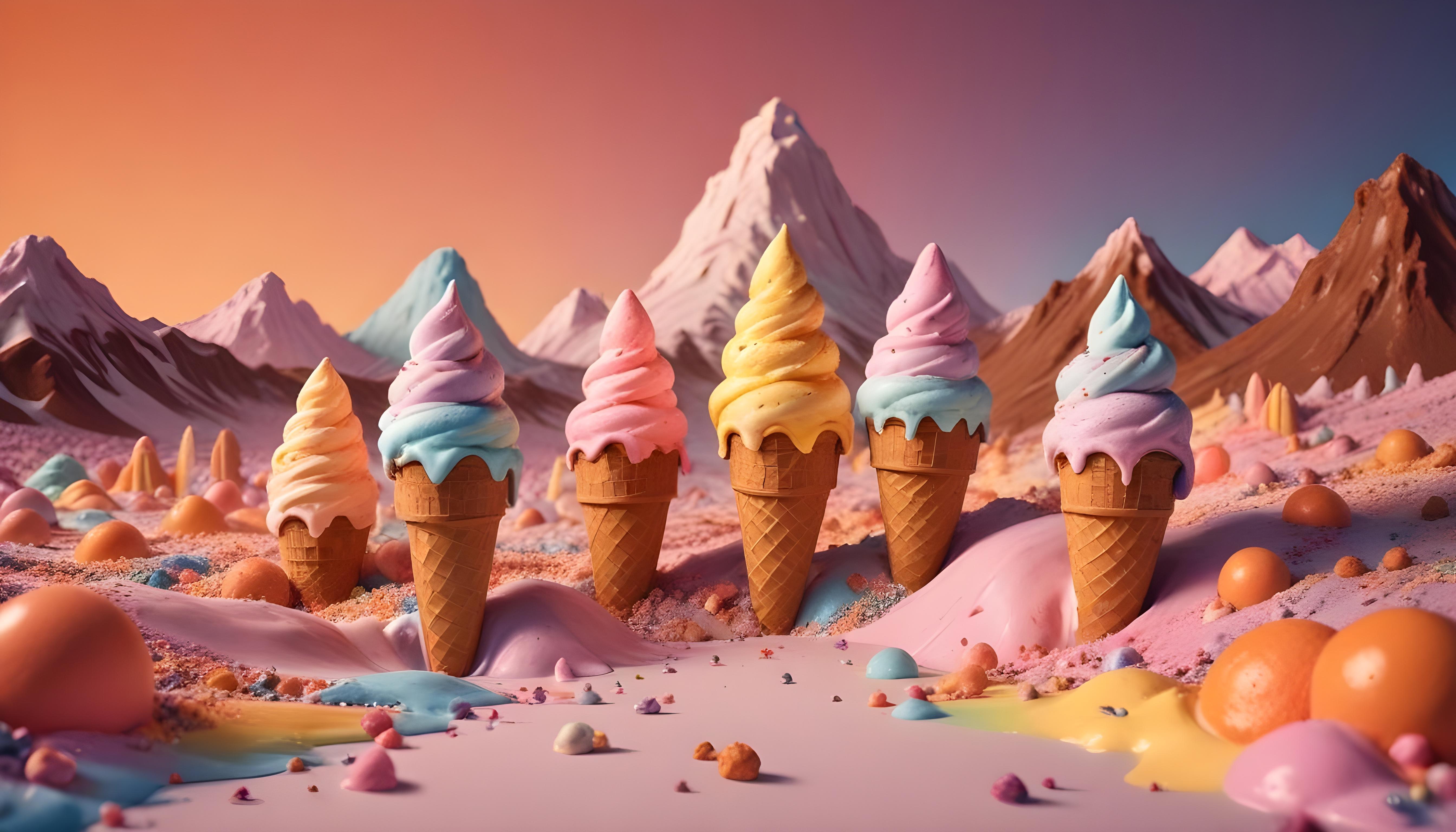Colorful Soft Serve Ice Cream Cones with Whimsical Dessert Theme Background
