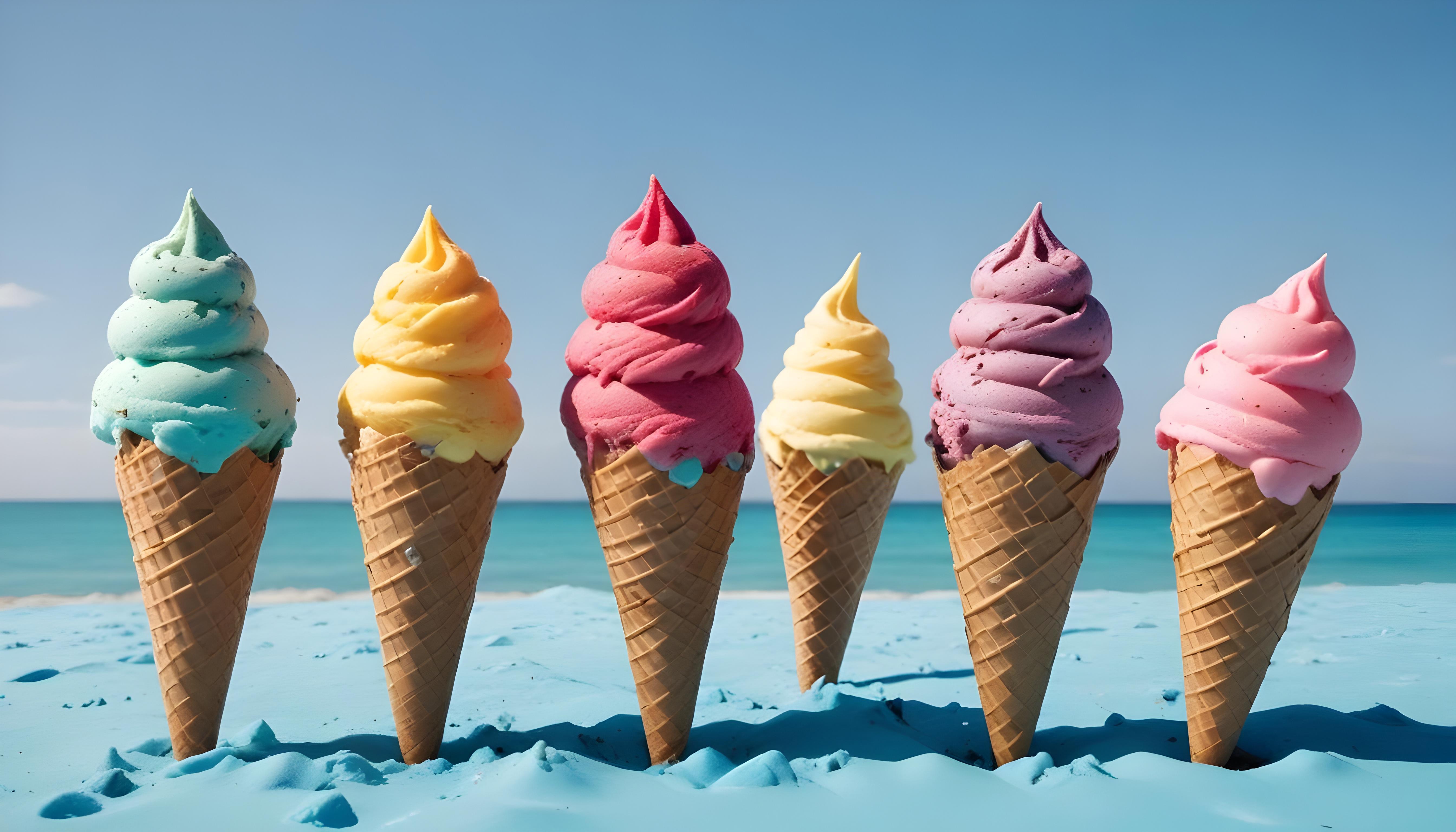 Colorful Soft Serve Ice Cream Cones with Whimsical Dessert Theme Background