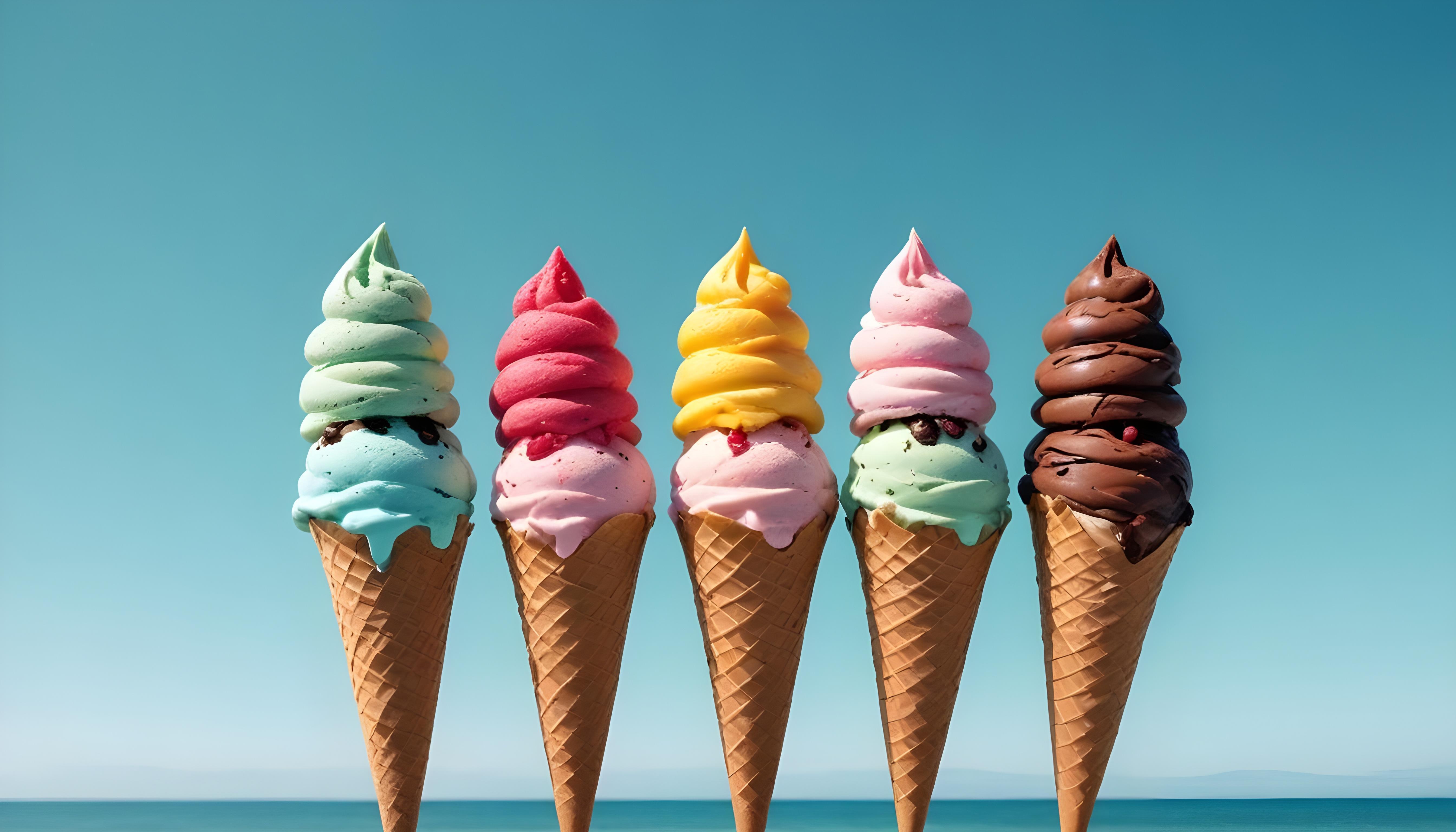 Colorful Soft Serve Ice Cream Cones with Whimsical Dessert Theme Background