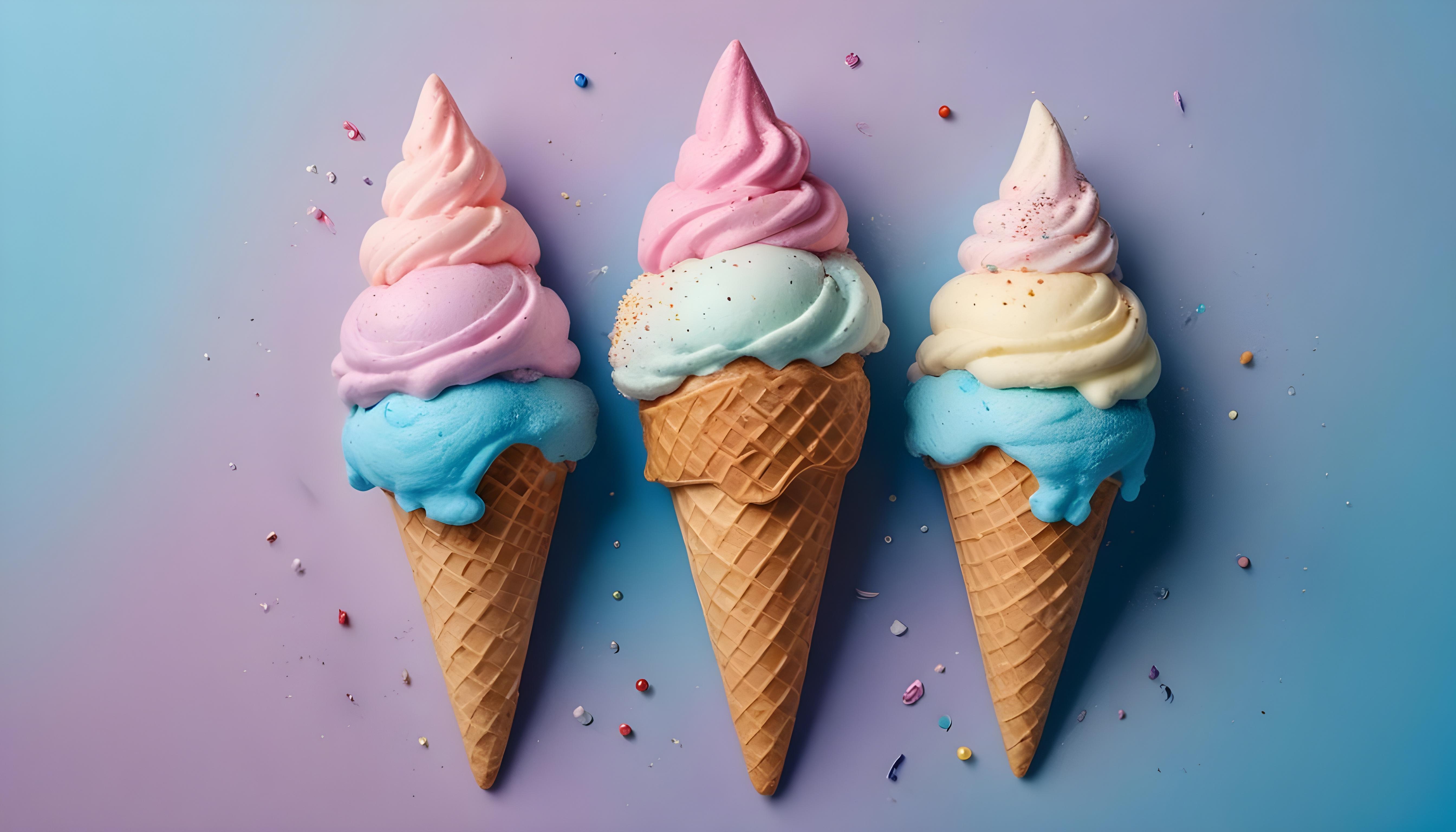 Colorful Soft Serve Ice Cream Cones with Whimsical Dessert Theme Background
