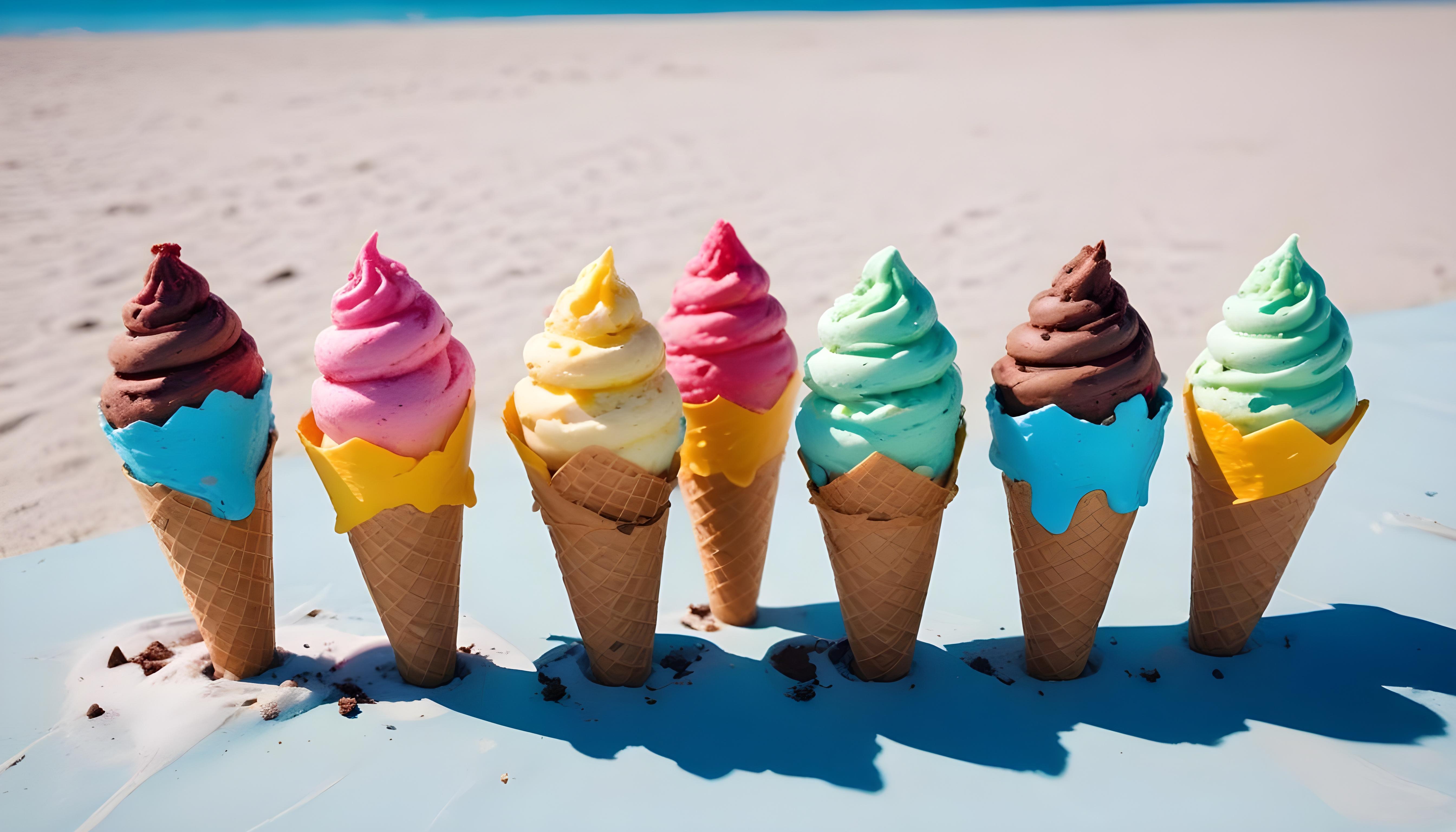 Colorful Soft Serve Ice Cream Cones with Whimsical Dessert Theme Background
