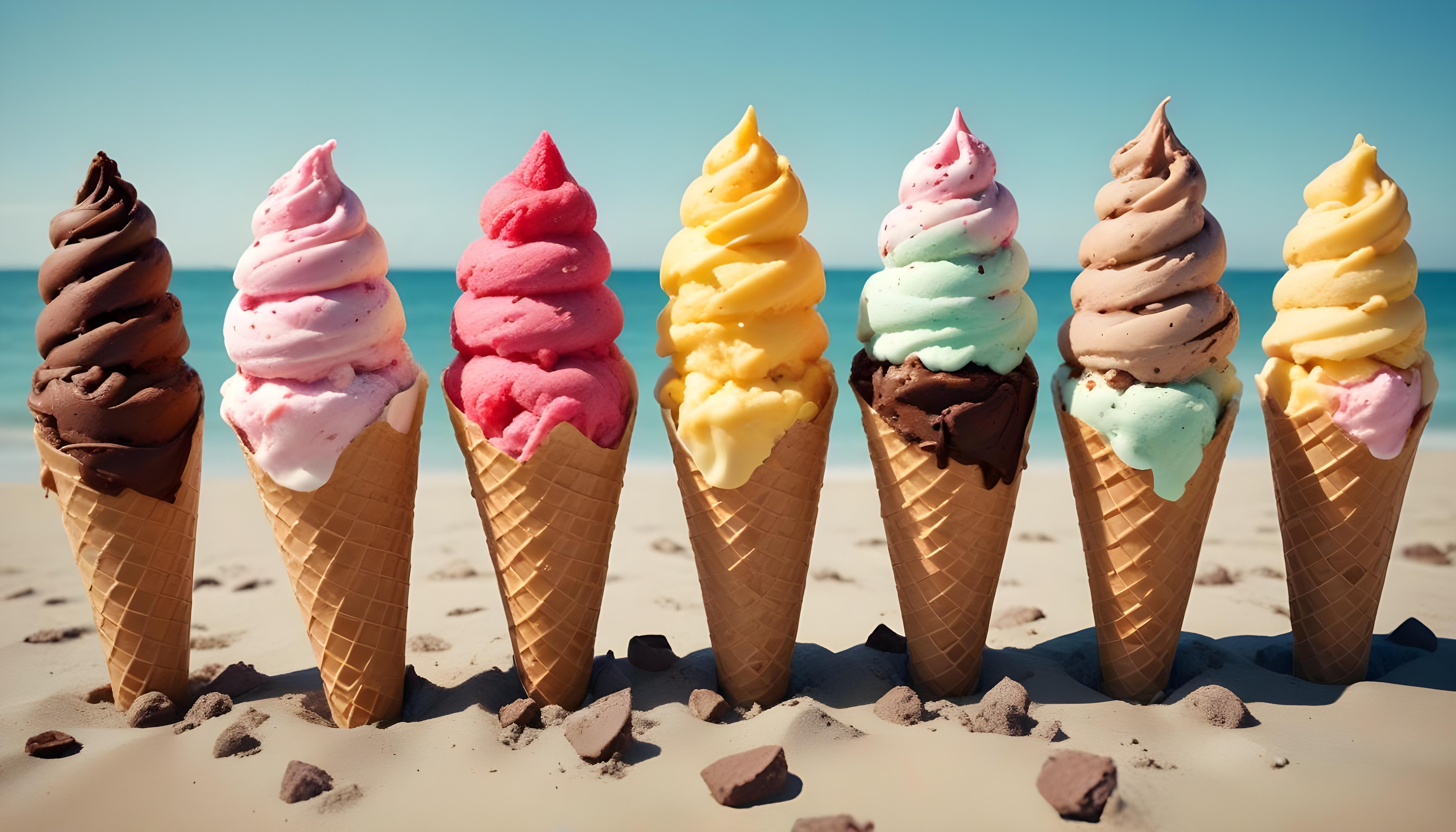 Colorful Soft Serve Ice Cream Cones with Whimsical Dessert Theme Background