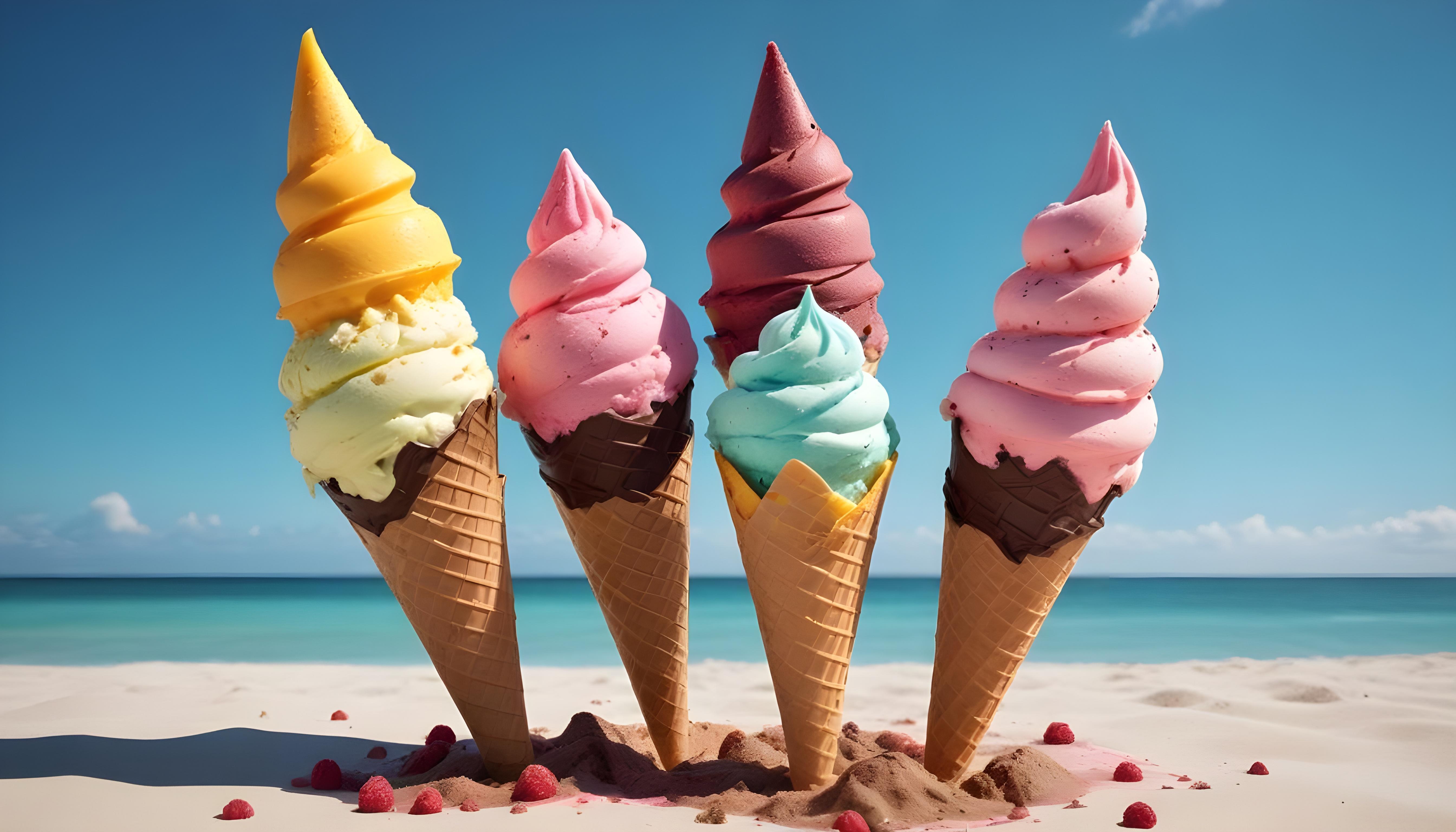 Colorful Soft Serve Ice Cream Cones with Whimsical Dessert Theme Background