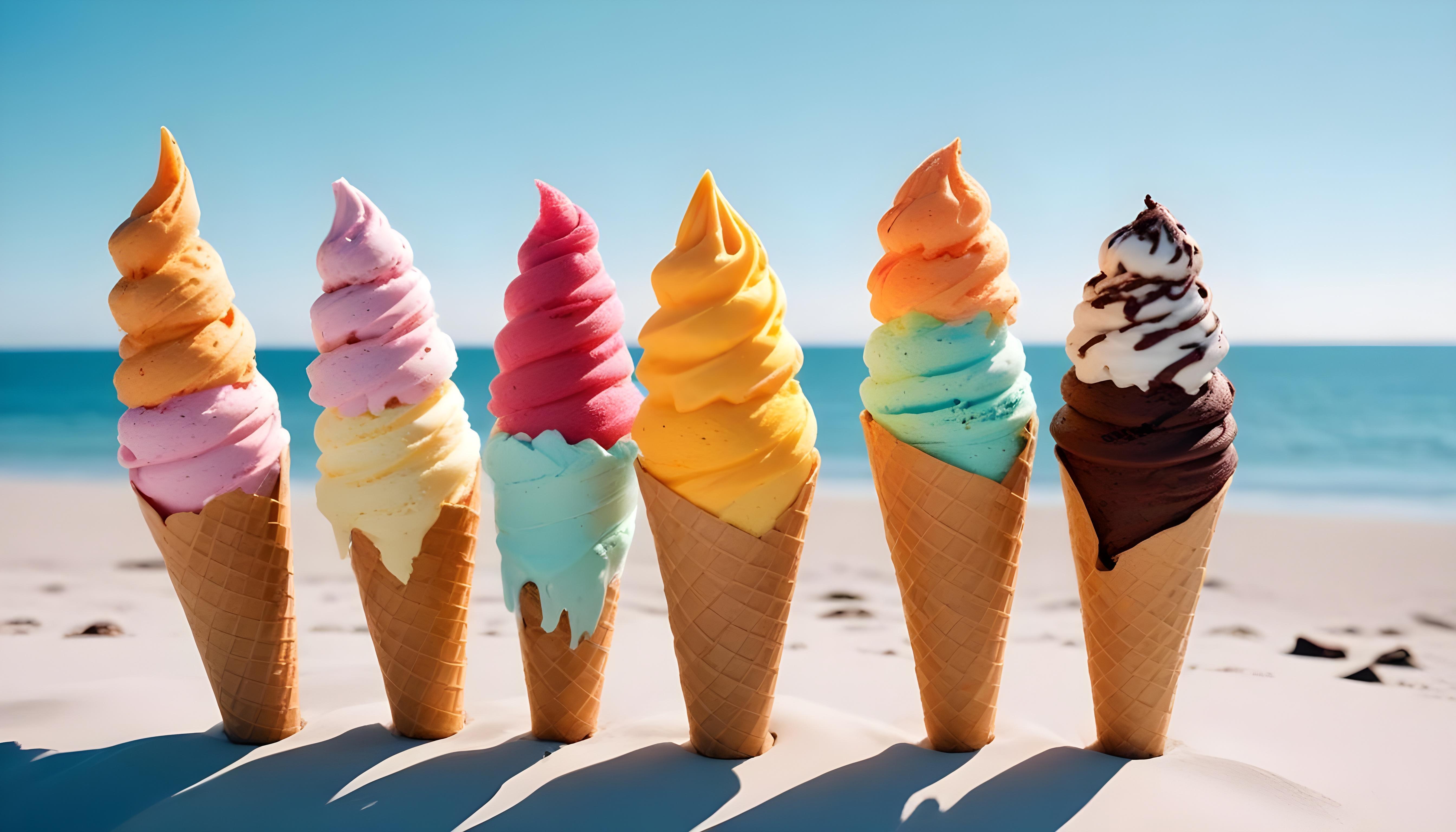 Colorful Soft Serve Ice Cream Cones with Whimsical Dessert Theme Background