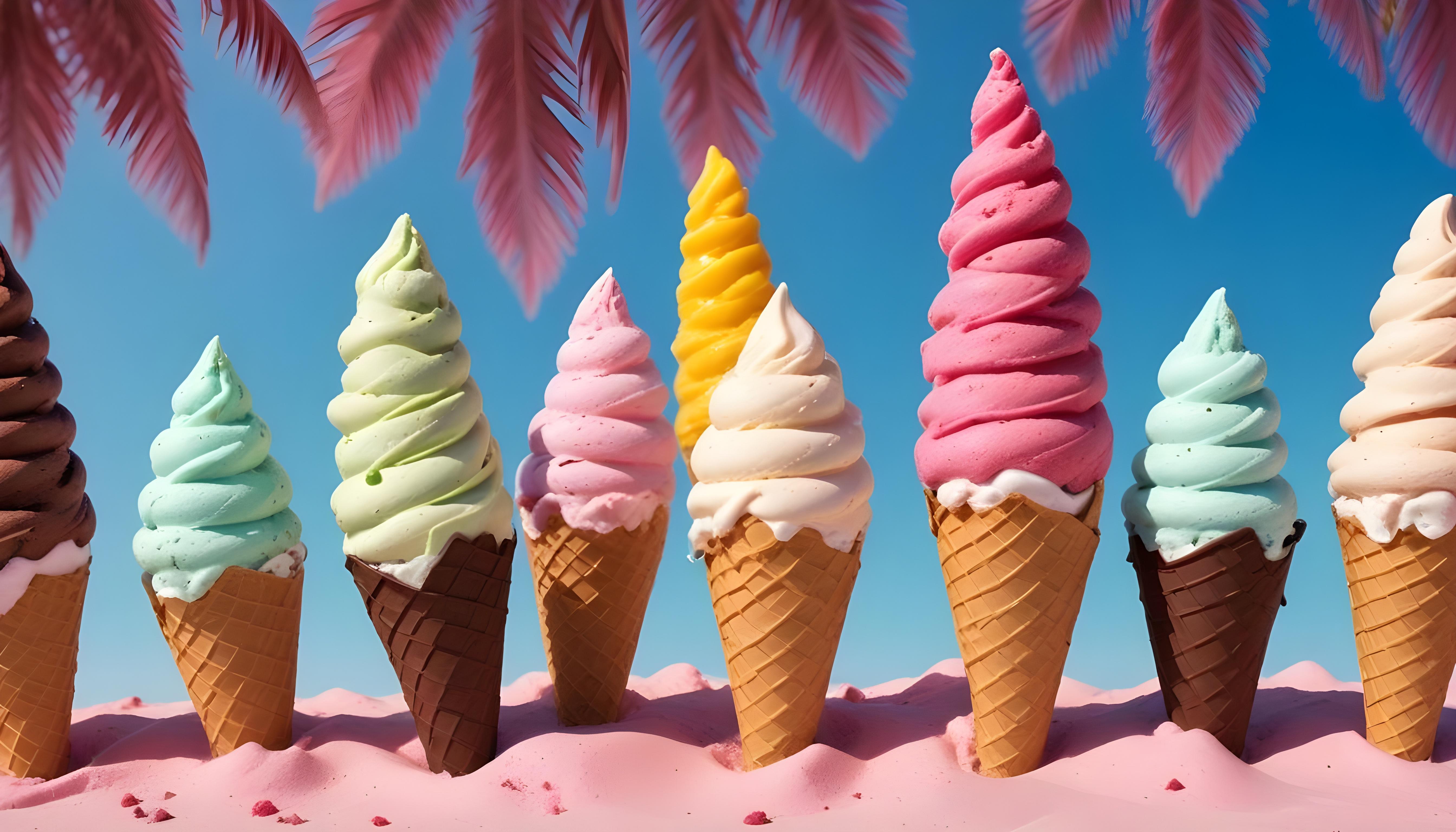 Colorful Soft Serve Ice Cream Cones with Whimsical Dessert Theme Background