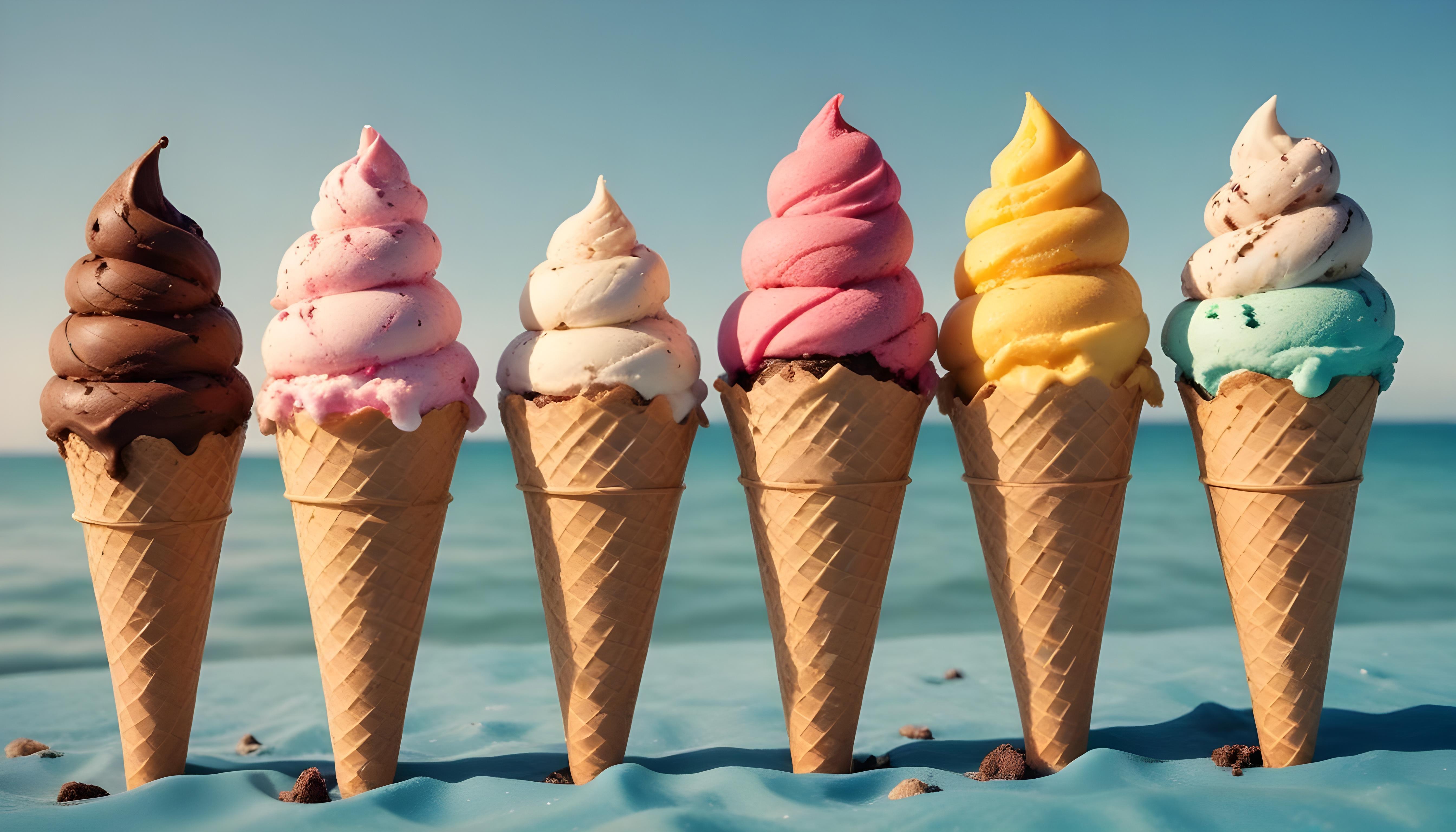 Colorful Soft Serve Ice Cream Cones with Whimsical Dessert Theme Background