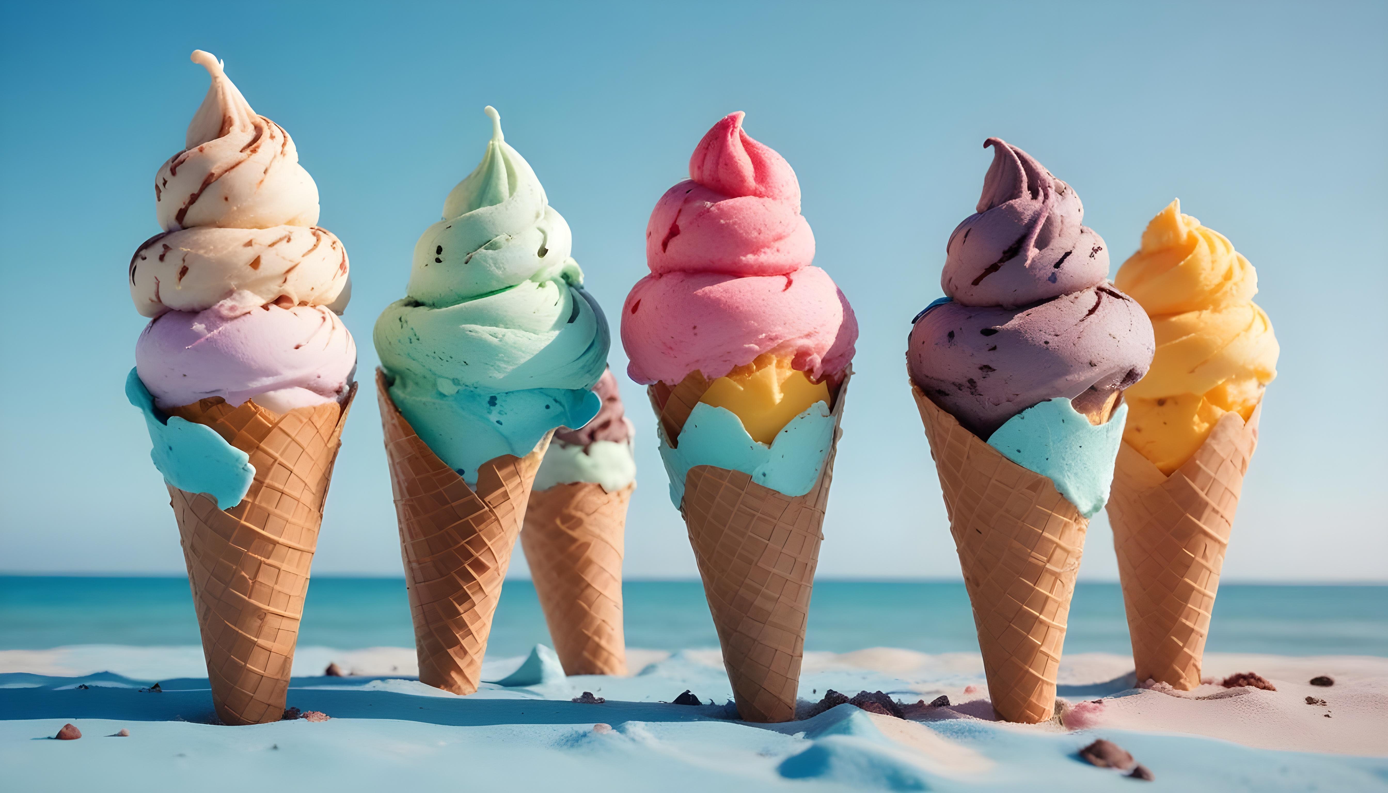 Colorful Soft Serve Ice Cream Cones with Whimsical Dessert Theme Background