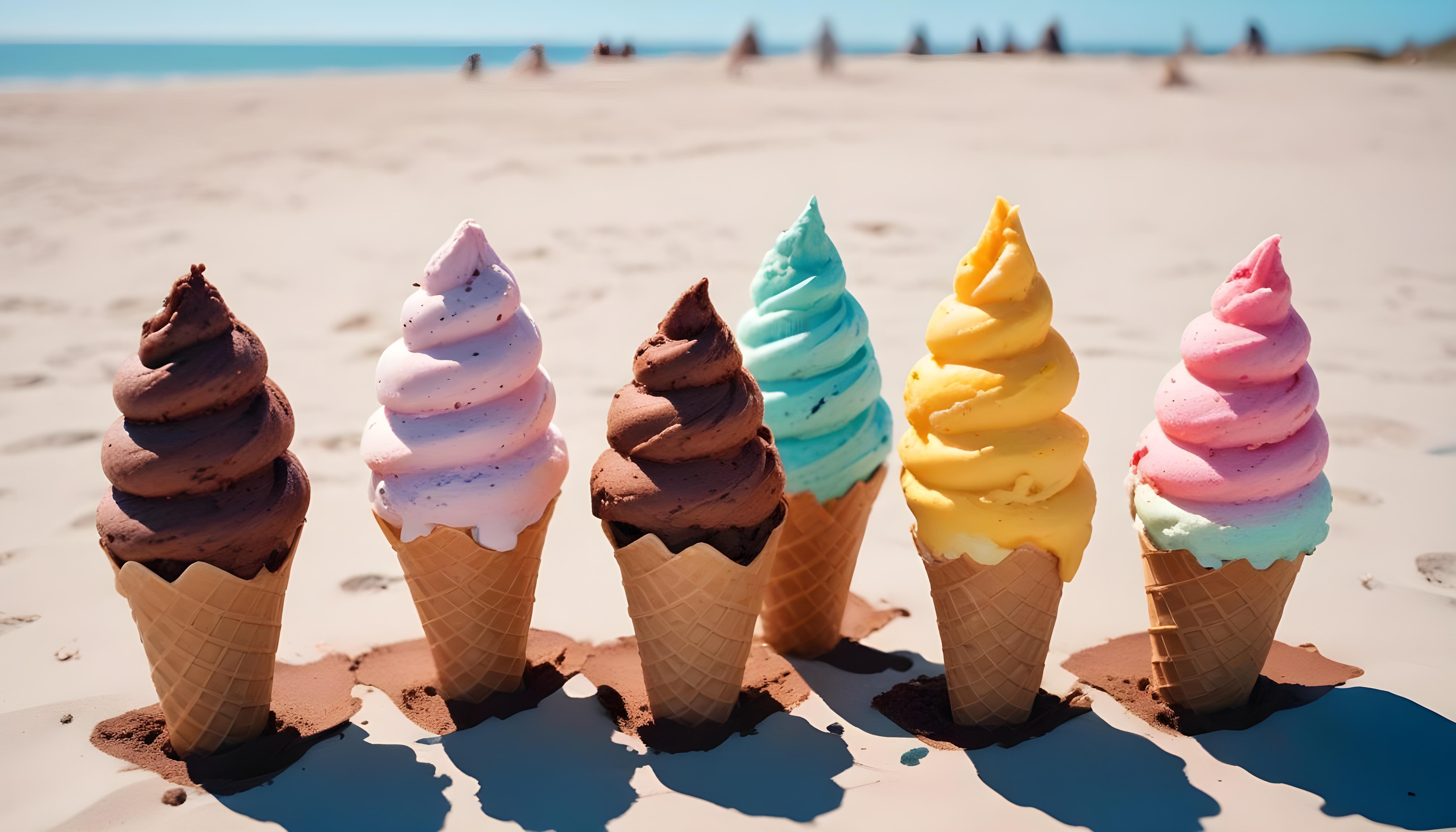 Colorful Soft Serve Ice Cream Cones with Whimsical Dessert Theme Background