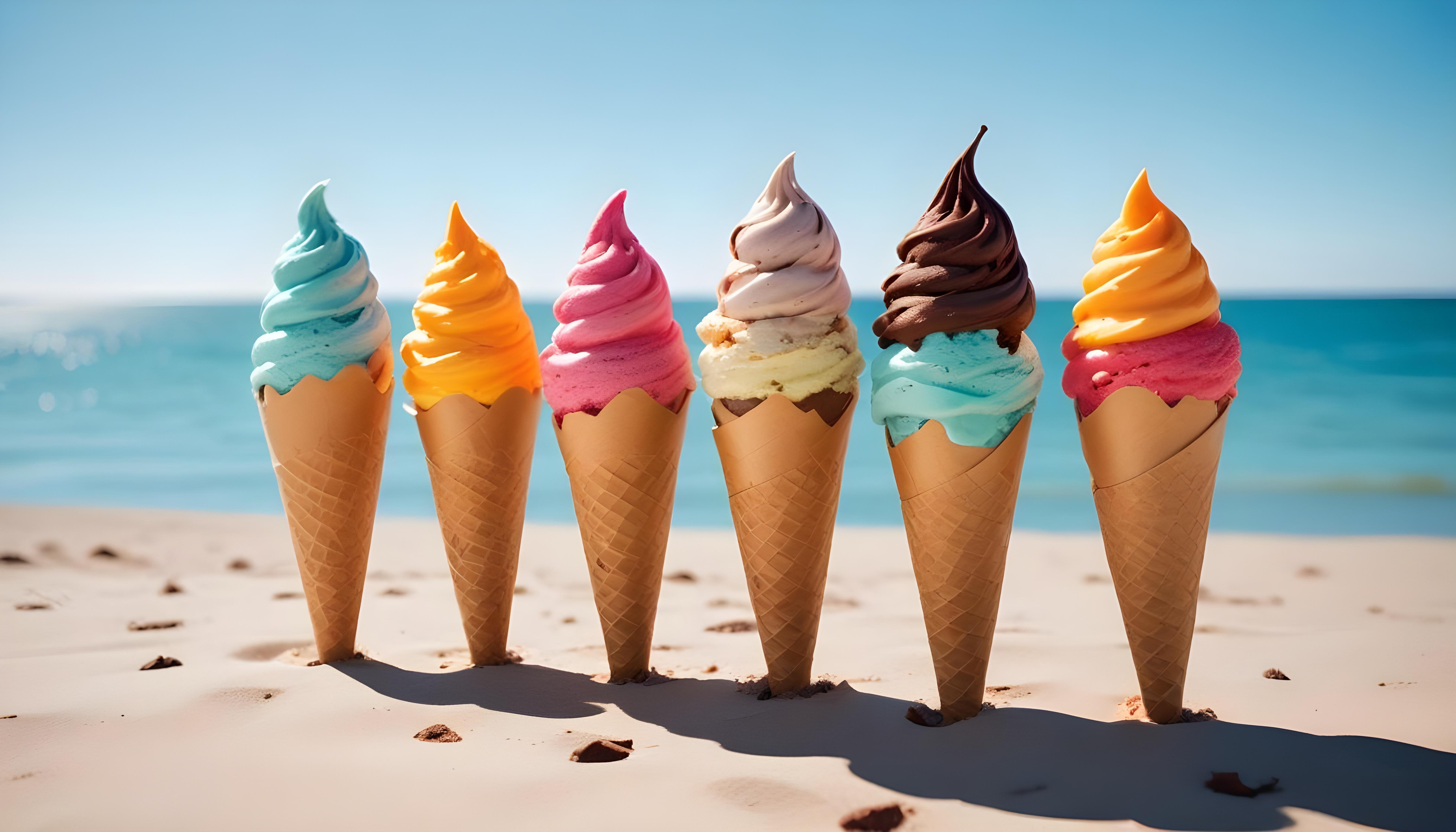 Colorful Soft Serve Ice Cream Cones with Whimsical Dessert Theme Background