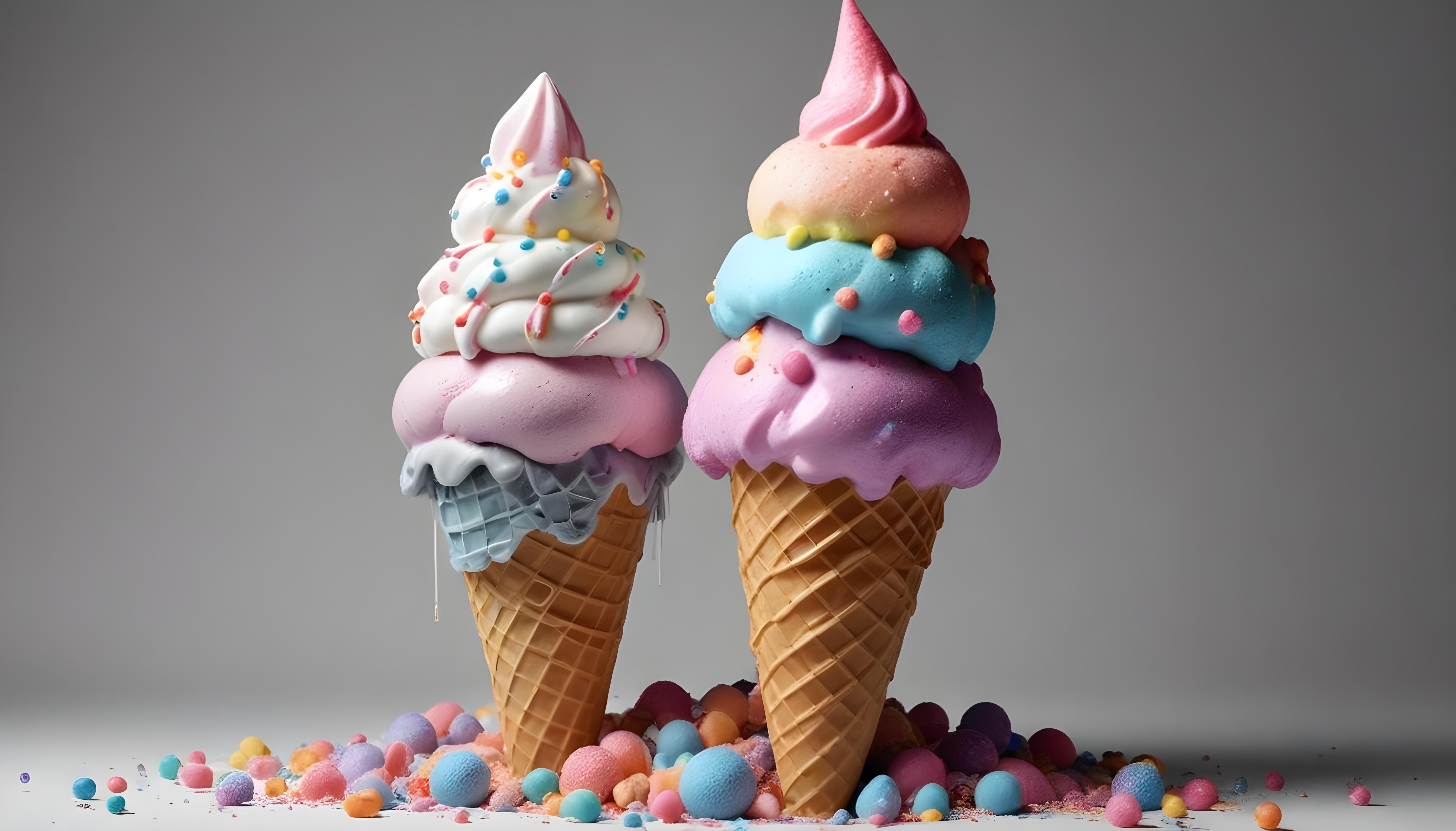 Colorful Soft Serve Ice Cream Cones with Whimsical Dessert Theme Background