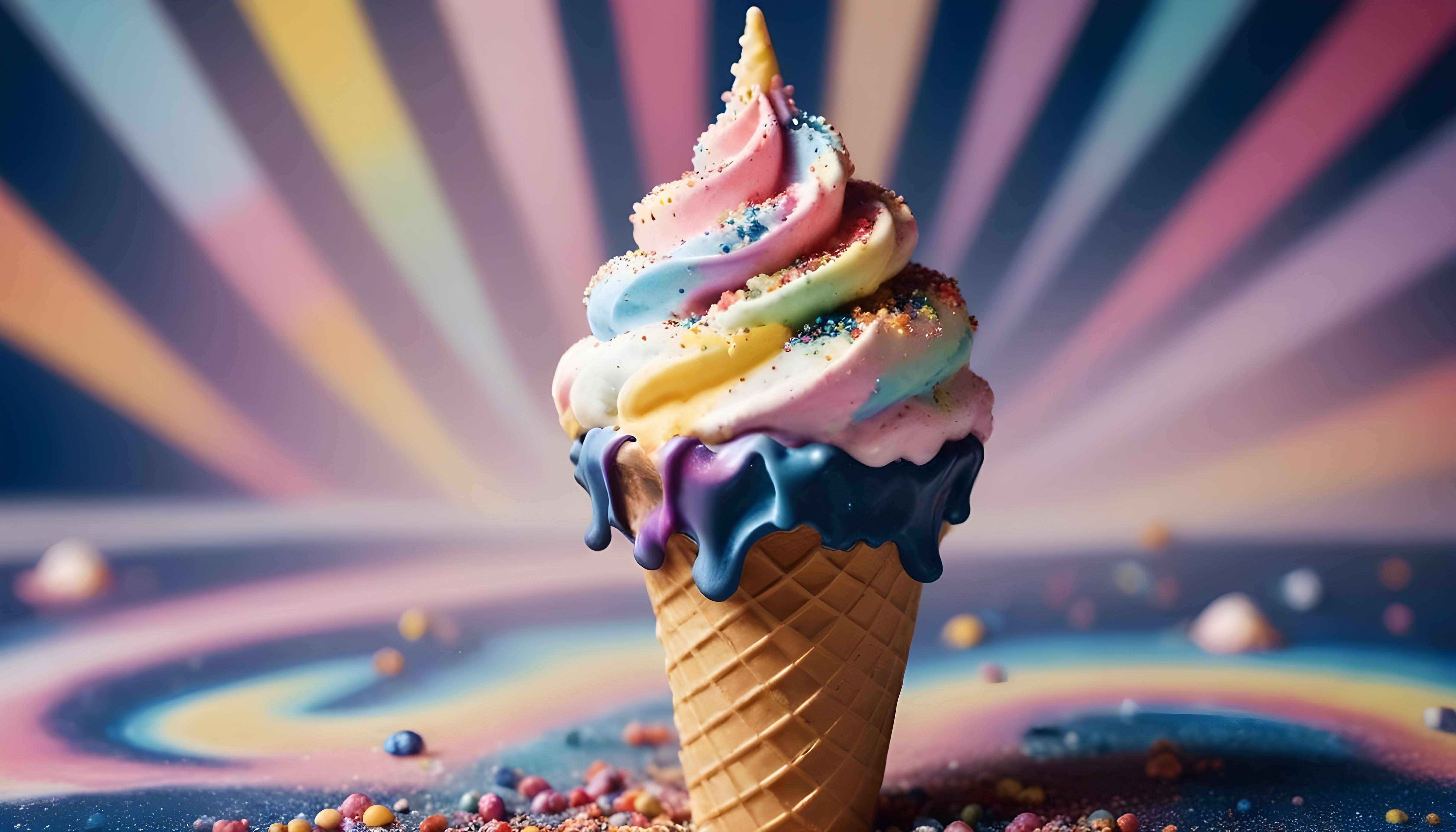 Colorful Soft Serve Ice Cream Cones with Whimsical Dessert Theme Background