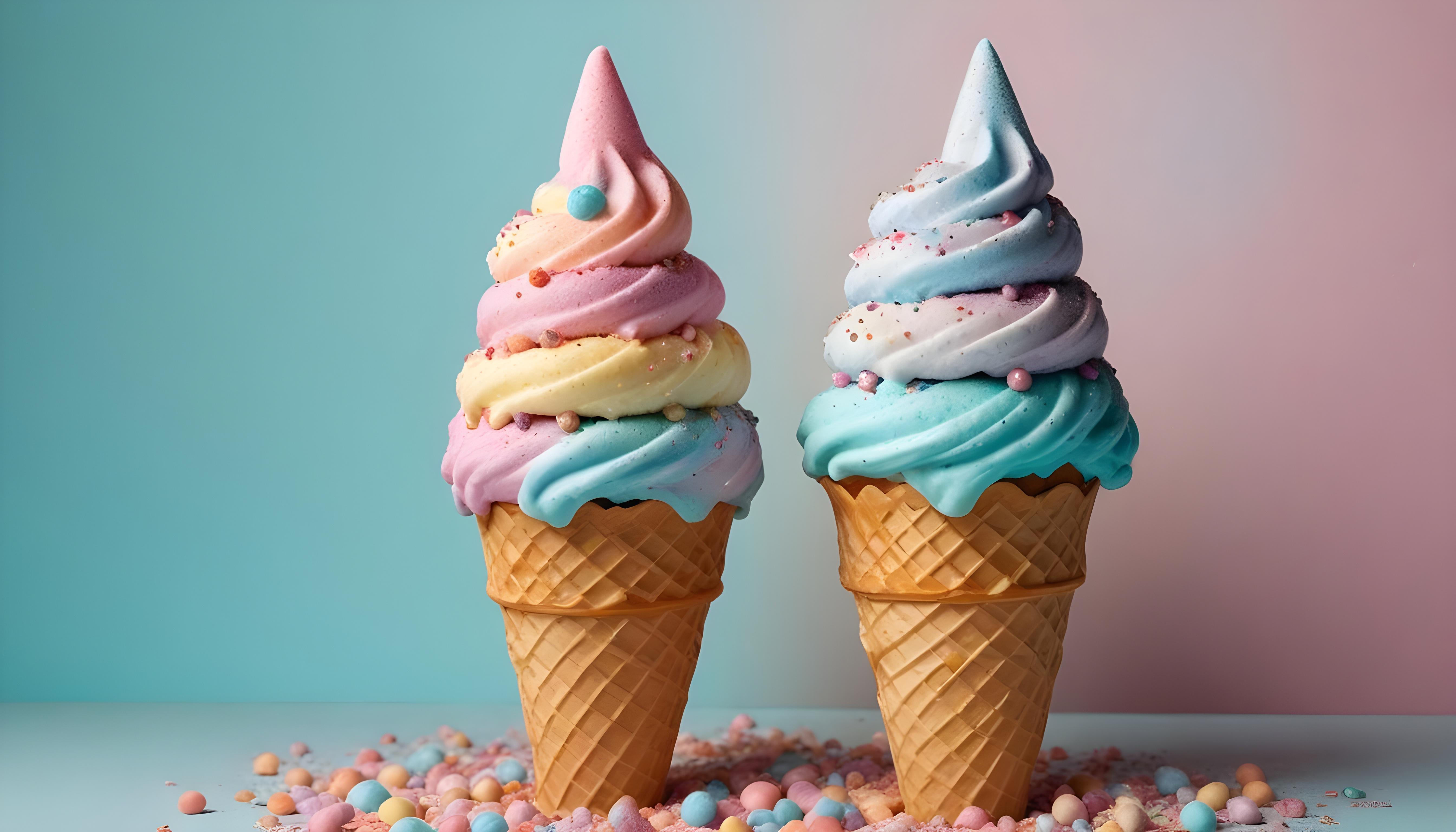 Colorful Soft Serve Ice Cream Cones with Whimsical Dessert Theme Background