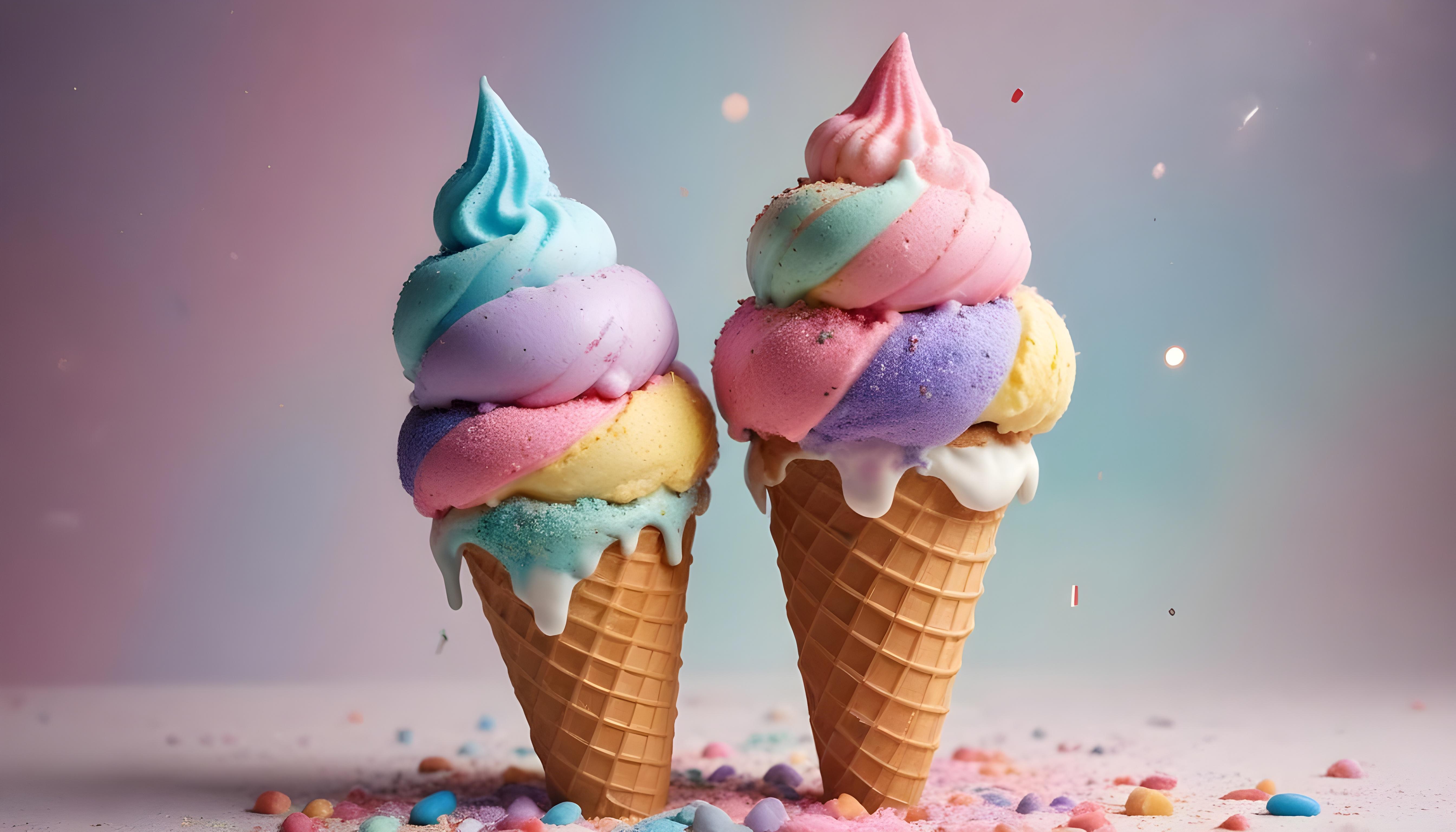Colorful Soft Serve Ice Cream Cones with Whimsical Dessert Theme Background