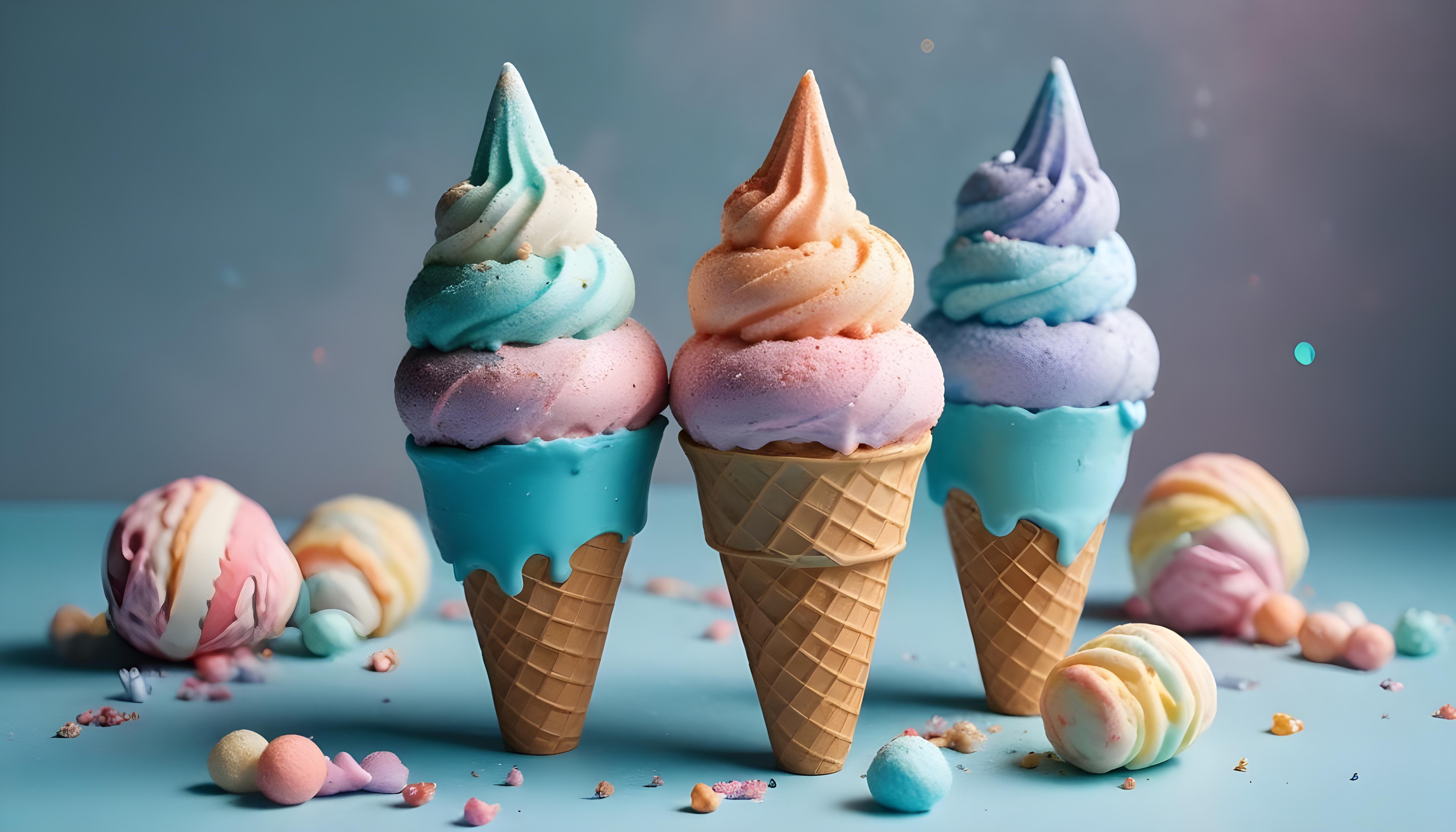 Colorful Soft Serve Ice Cream Cones with Whimsical Dessert Theme Background