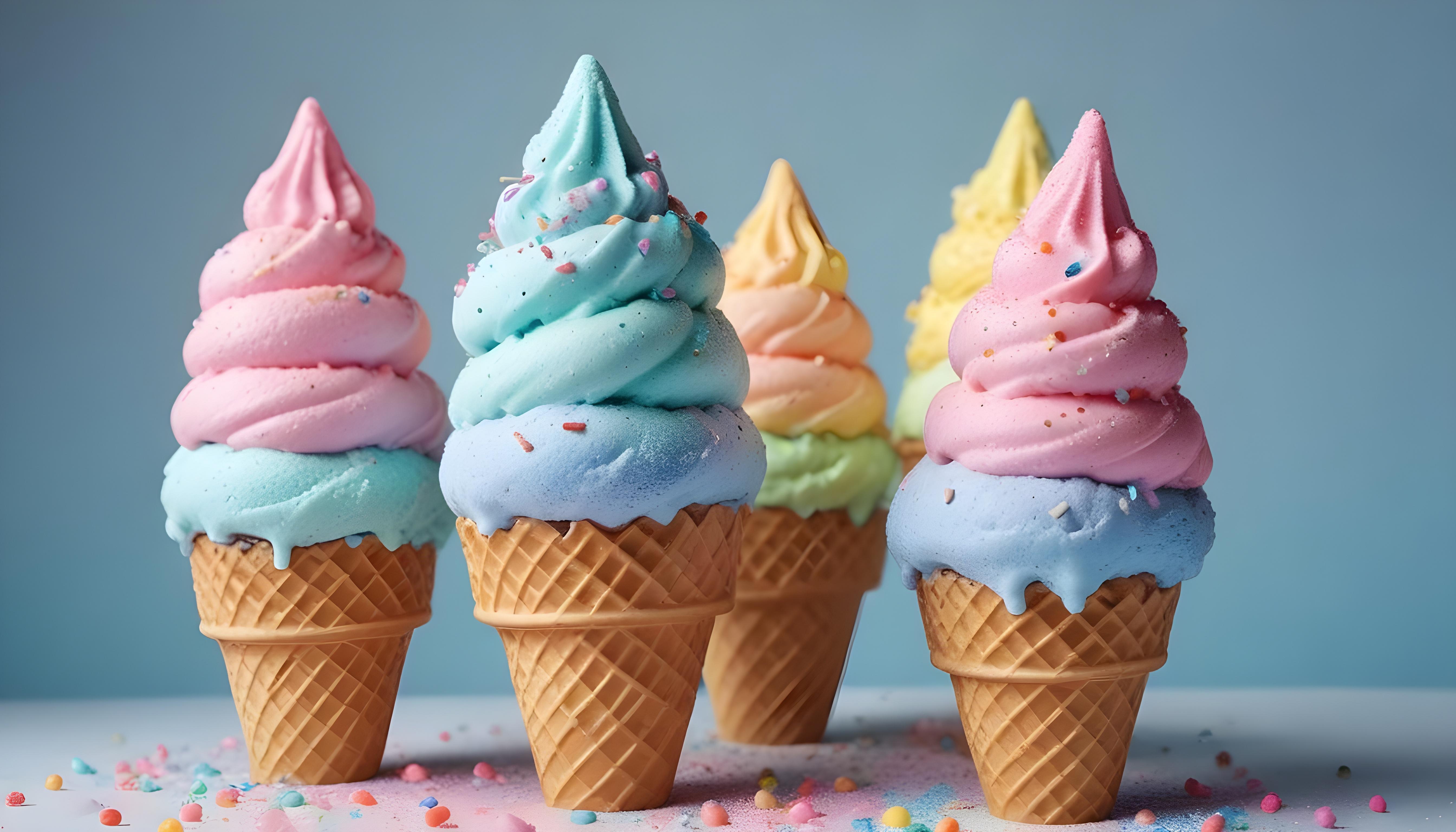 Colorful Soft Serve Ice Cream Cones with Whimsical Dessert Theme Background