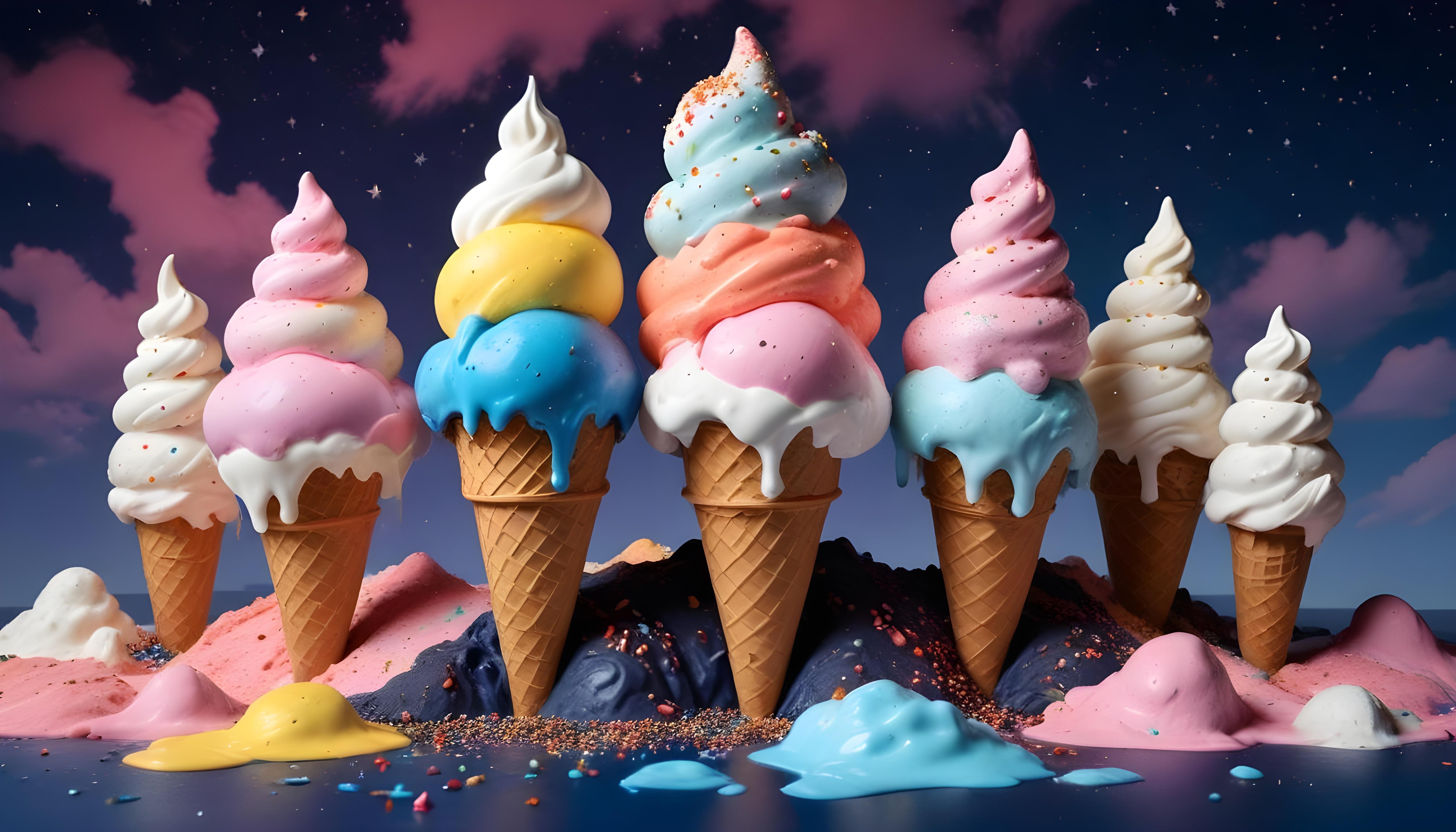 Colorful Soft Serve Ice Cream Cones with Whimsical Dessert Theme Background