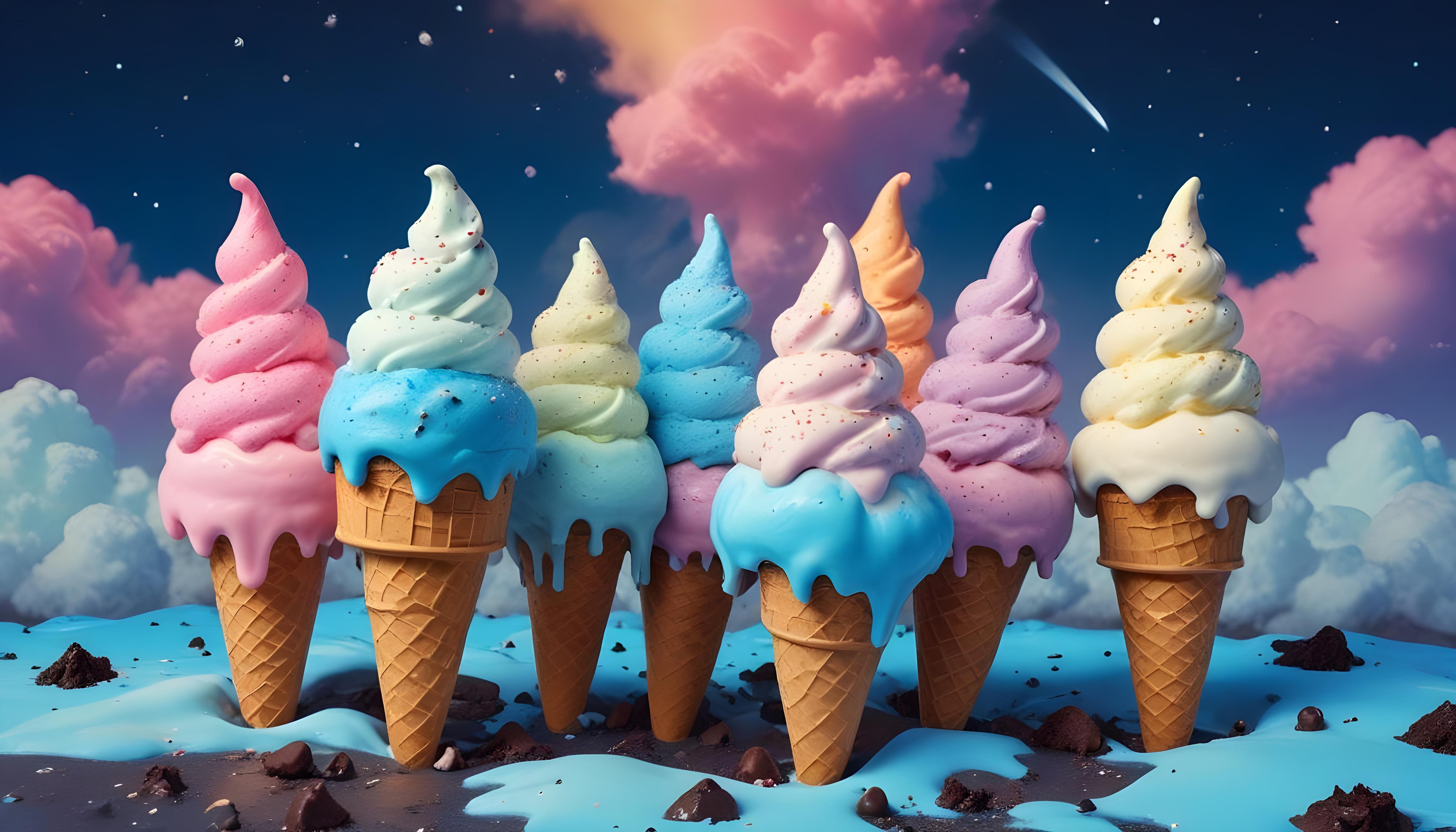 Colorful Soft Serve Ice Cream Cones with Whimsical Dessert Theme Background