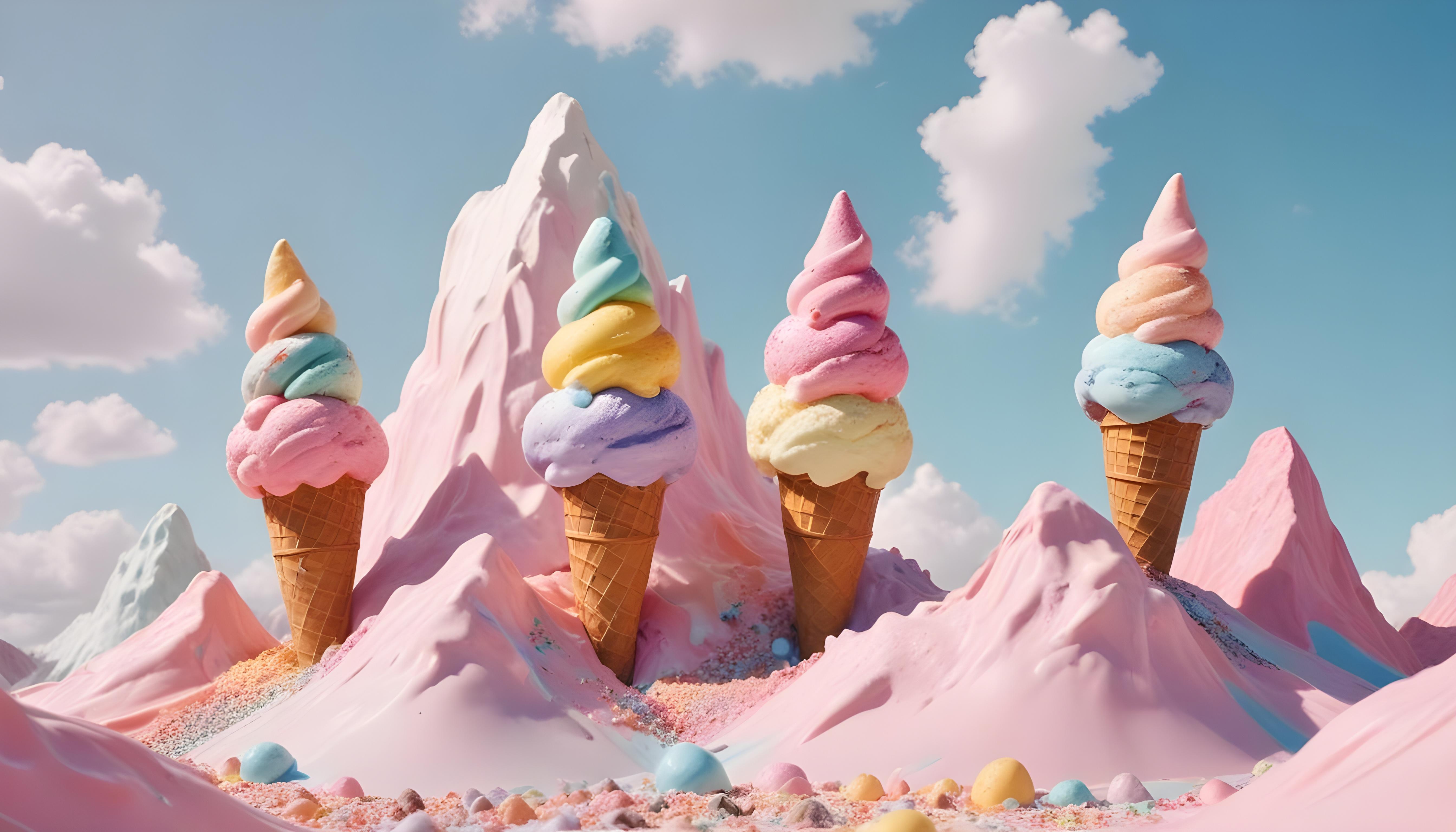 Colorful Soft Serve Ice Cream Cones with Whimsical Dessert Theme Background