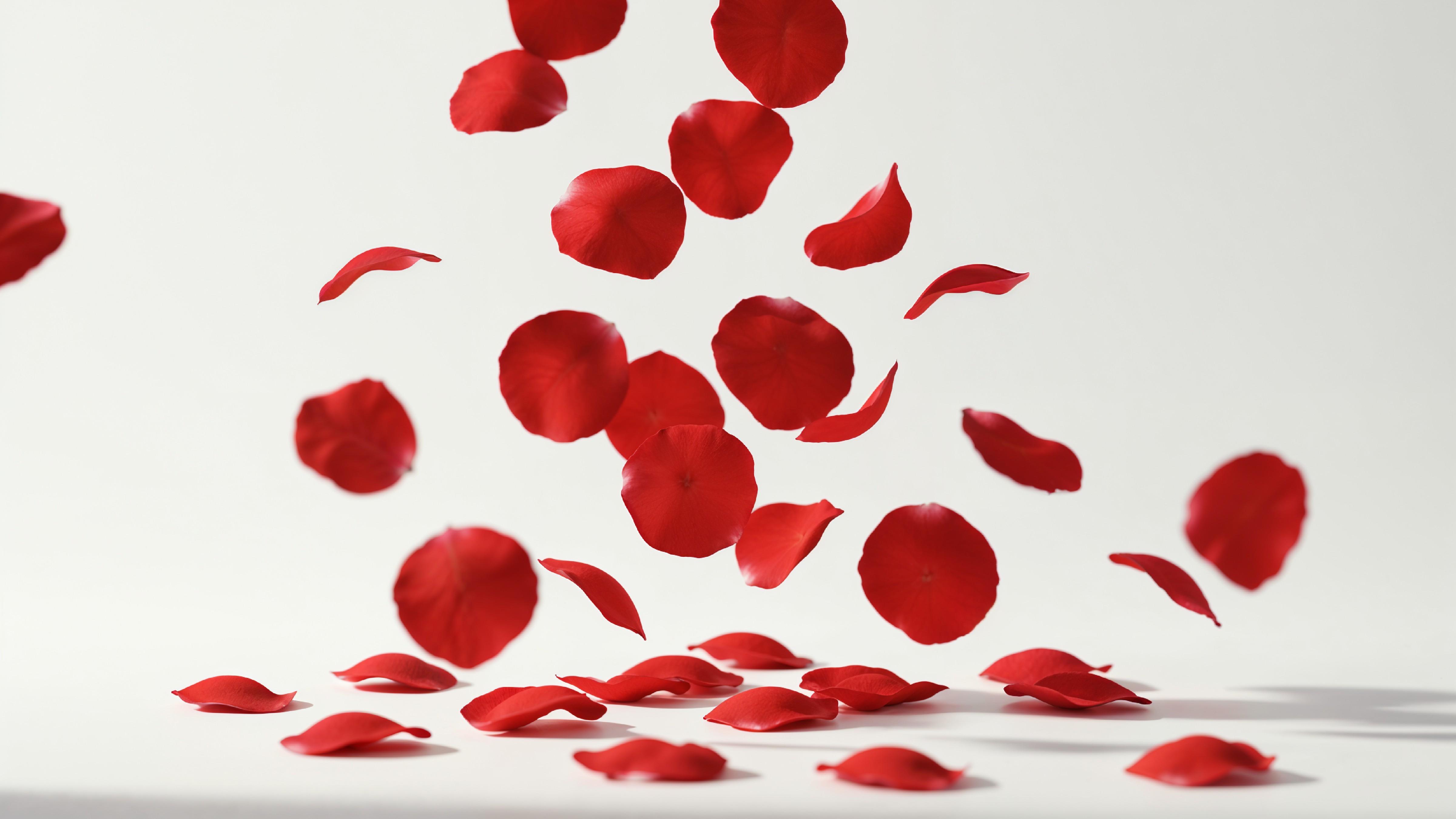 Falling Red Rose Petals in Motion on White Background