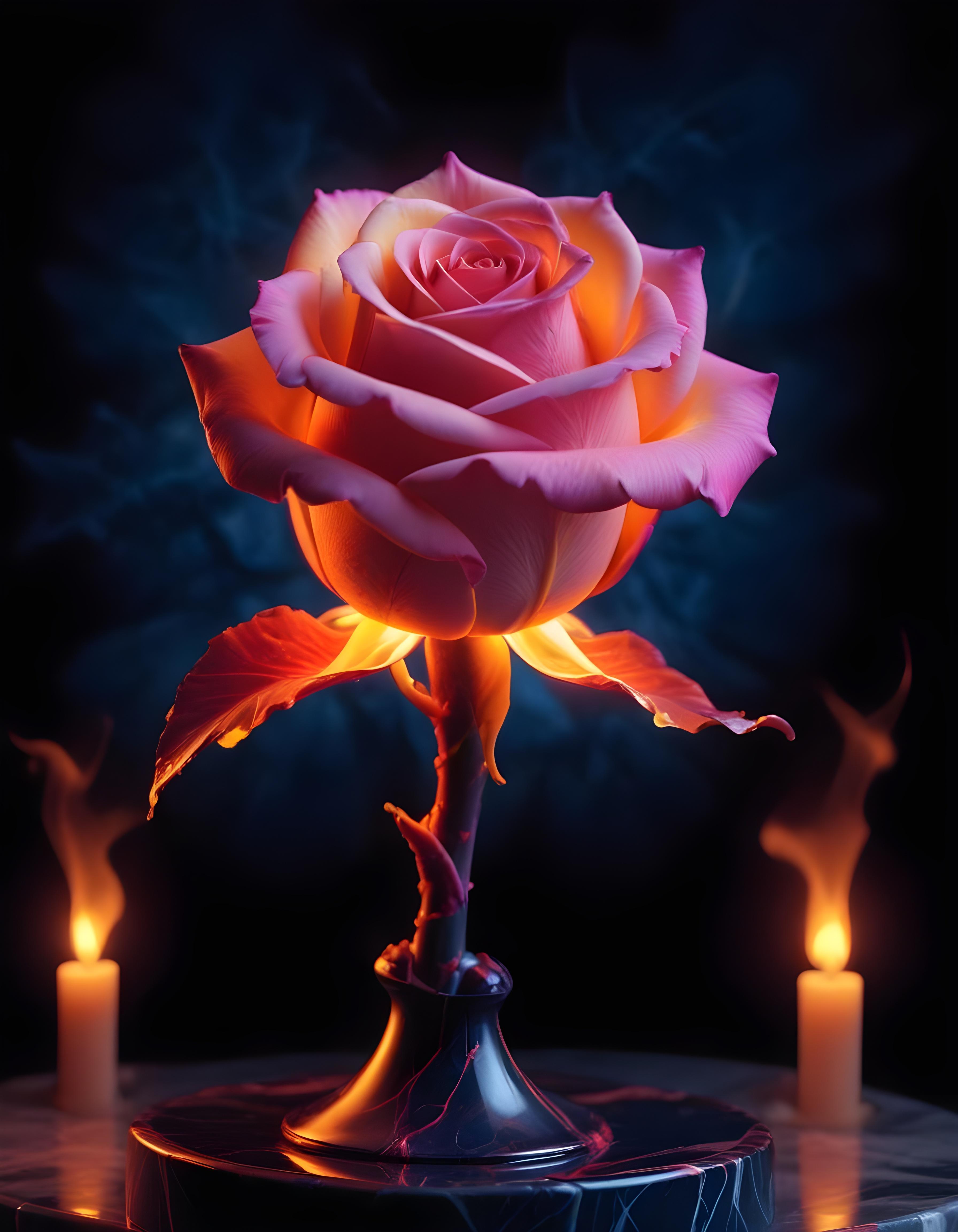 Fantasy Rose Flower with Fire and Glowing Flames Artistic Illustration