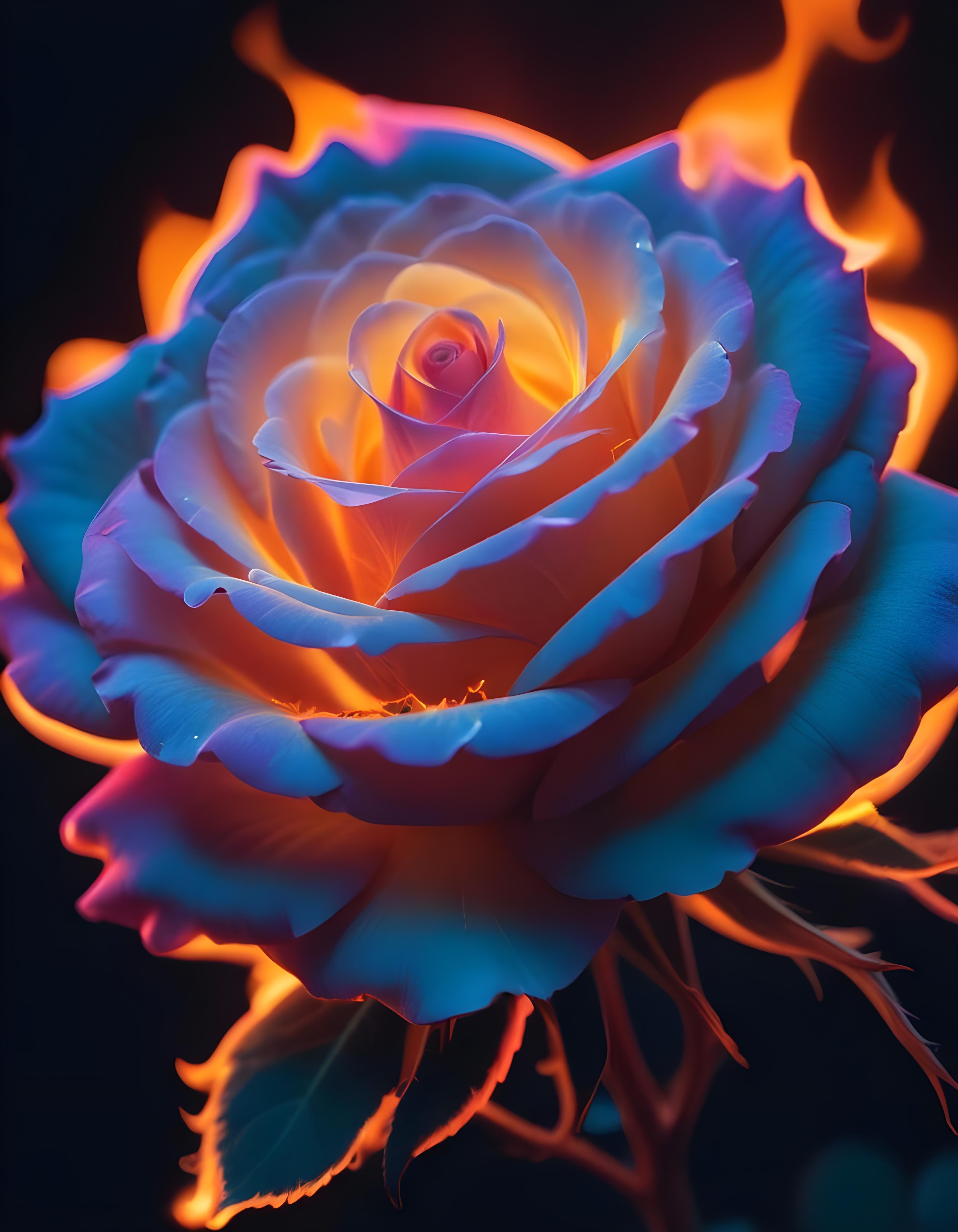 Fantasy Rose Flower with Fire and Glowing Flames Artistic Illustration