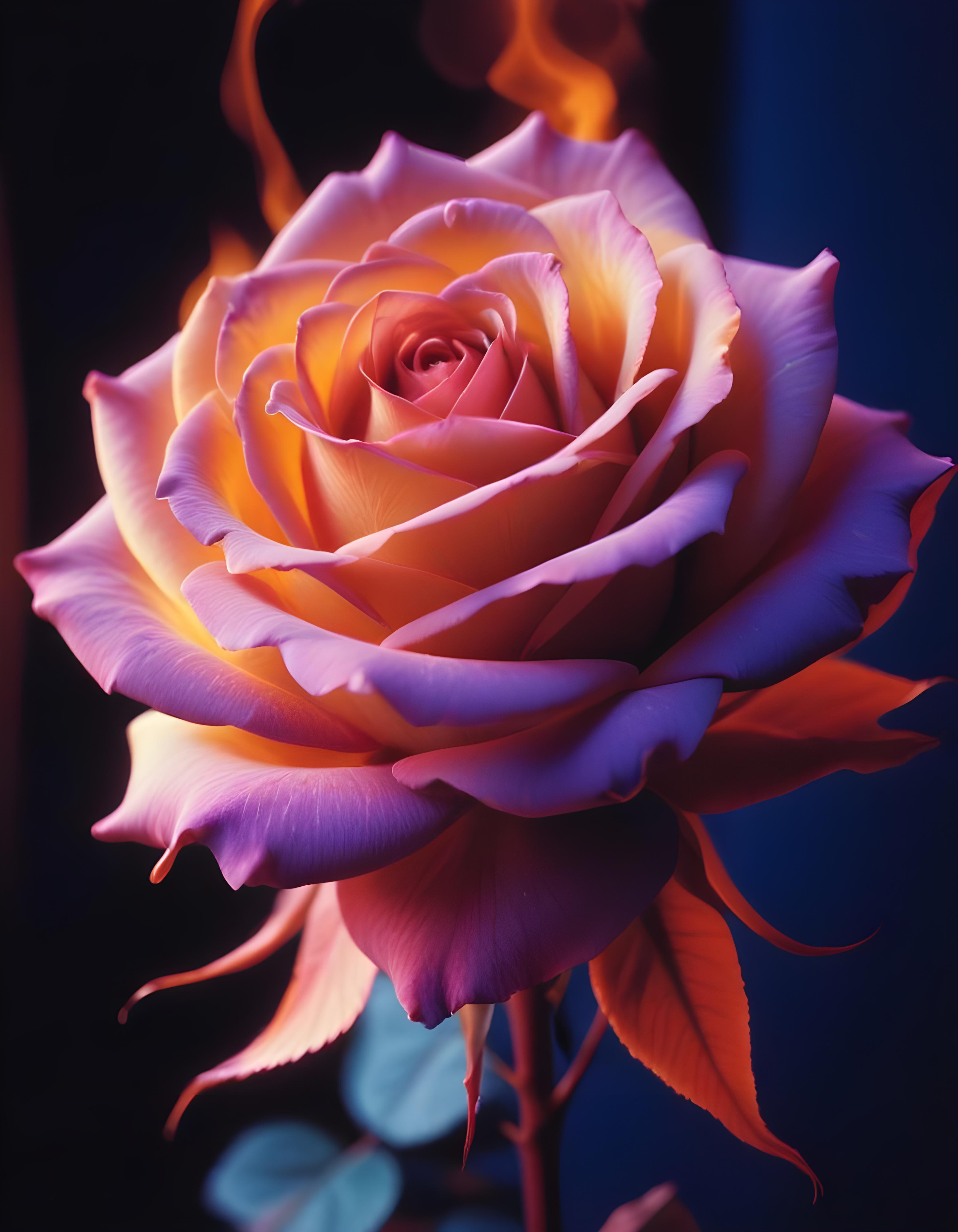 Fantasy Rose Flower with Fire and Glowing Flames Artistic Illustration