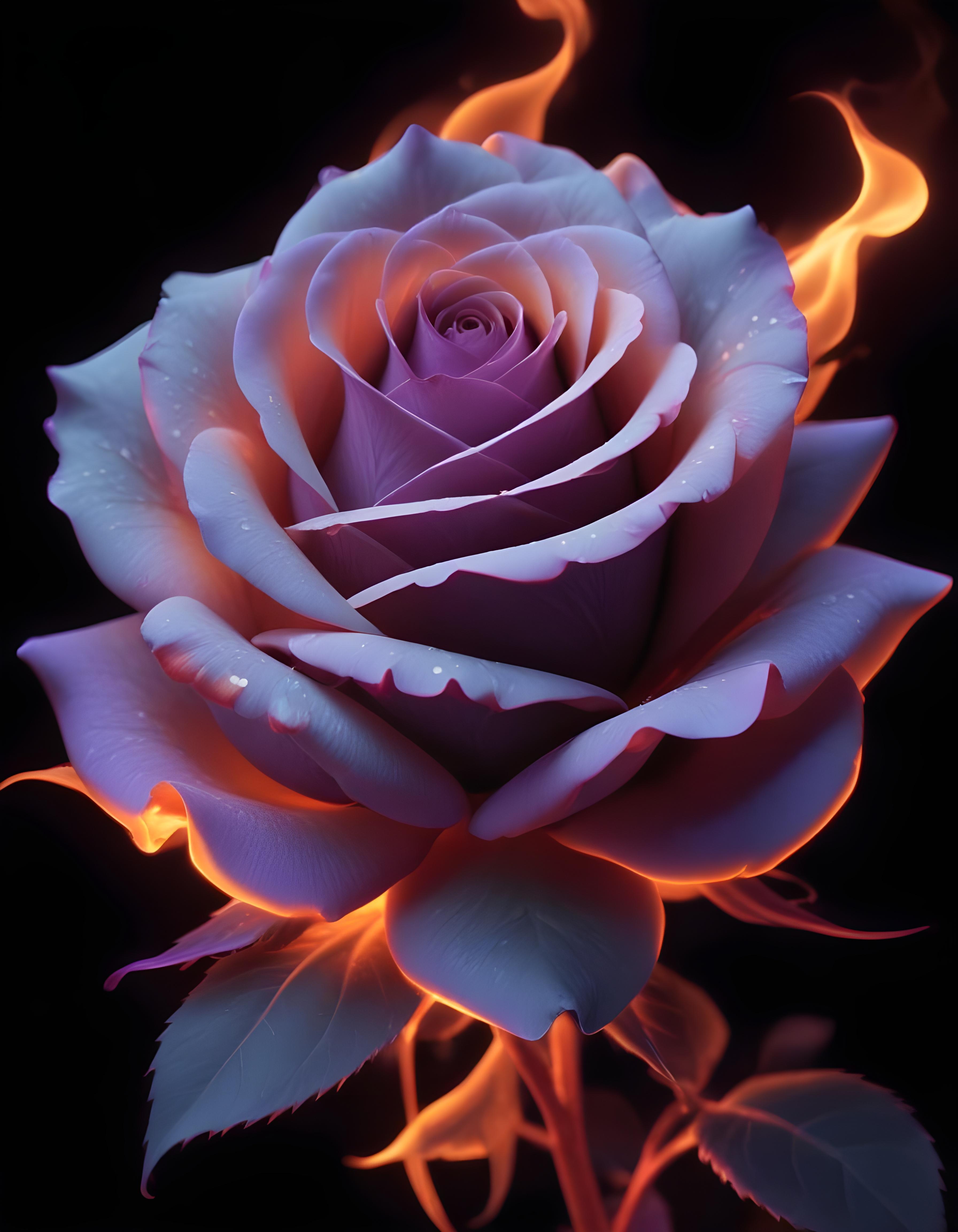 Fantasy Rose Flower with Fire and Glowing Flames Artistic Illustration