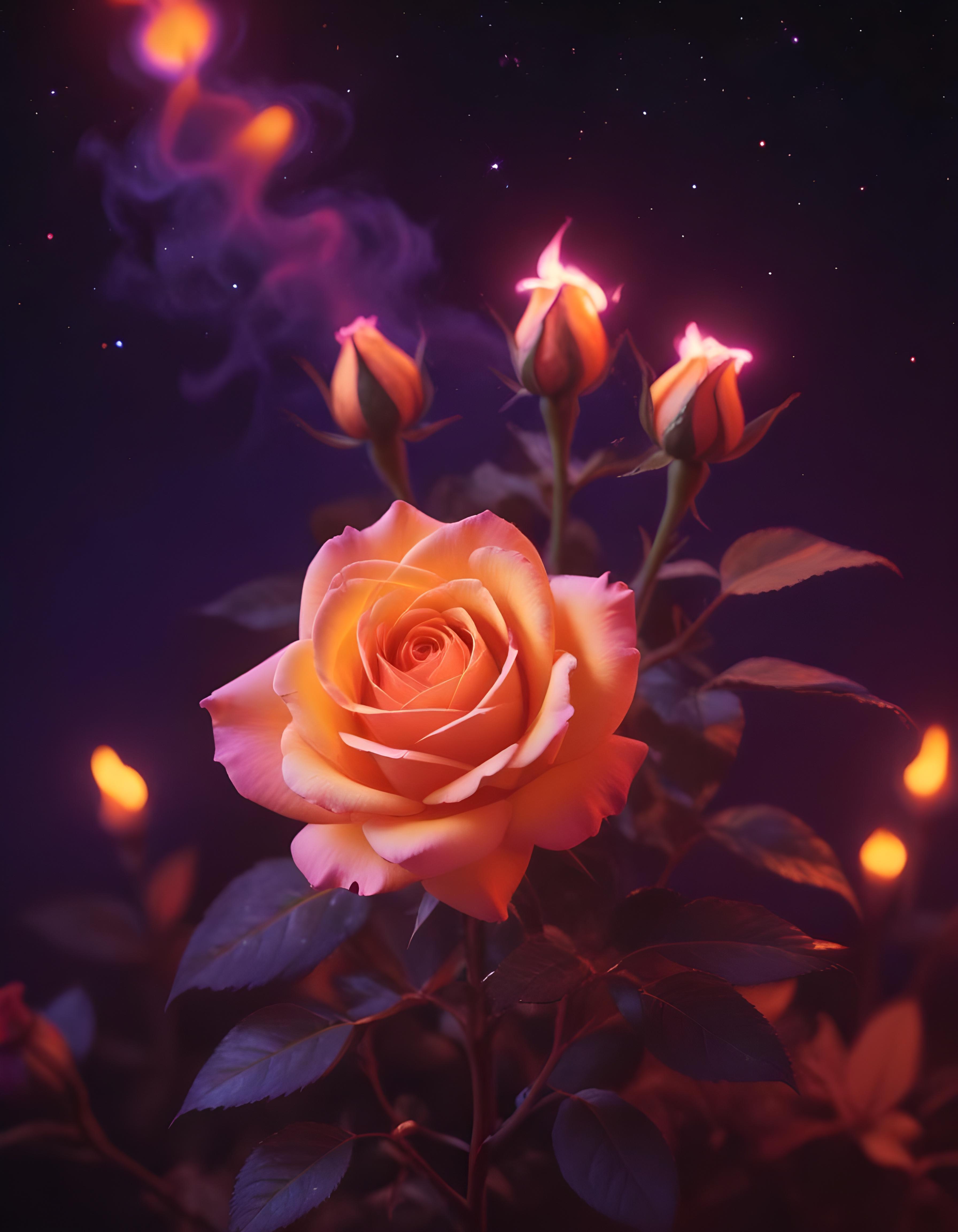 Fantasy Rose Flower with Fire and Glowing Flames Artistic Illustration