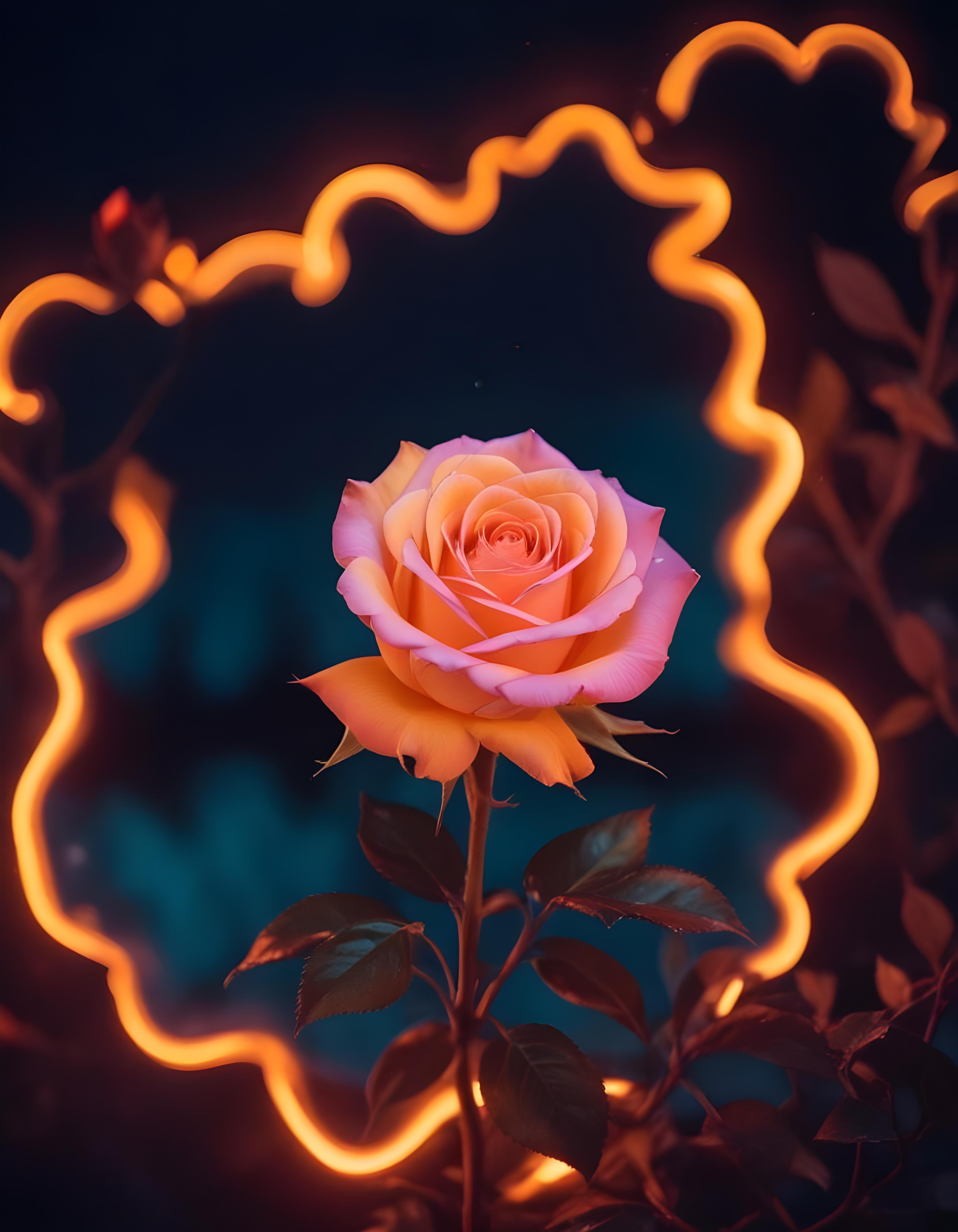 Fantasy Rose Flower with Fire and Glowing Flames Artistic Illustration