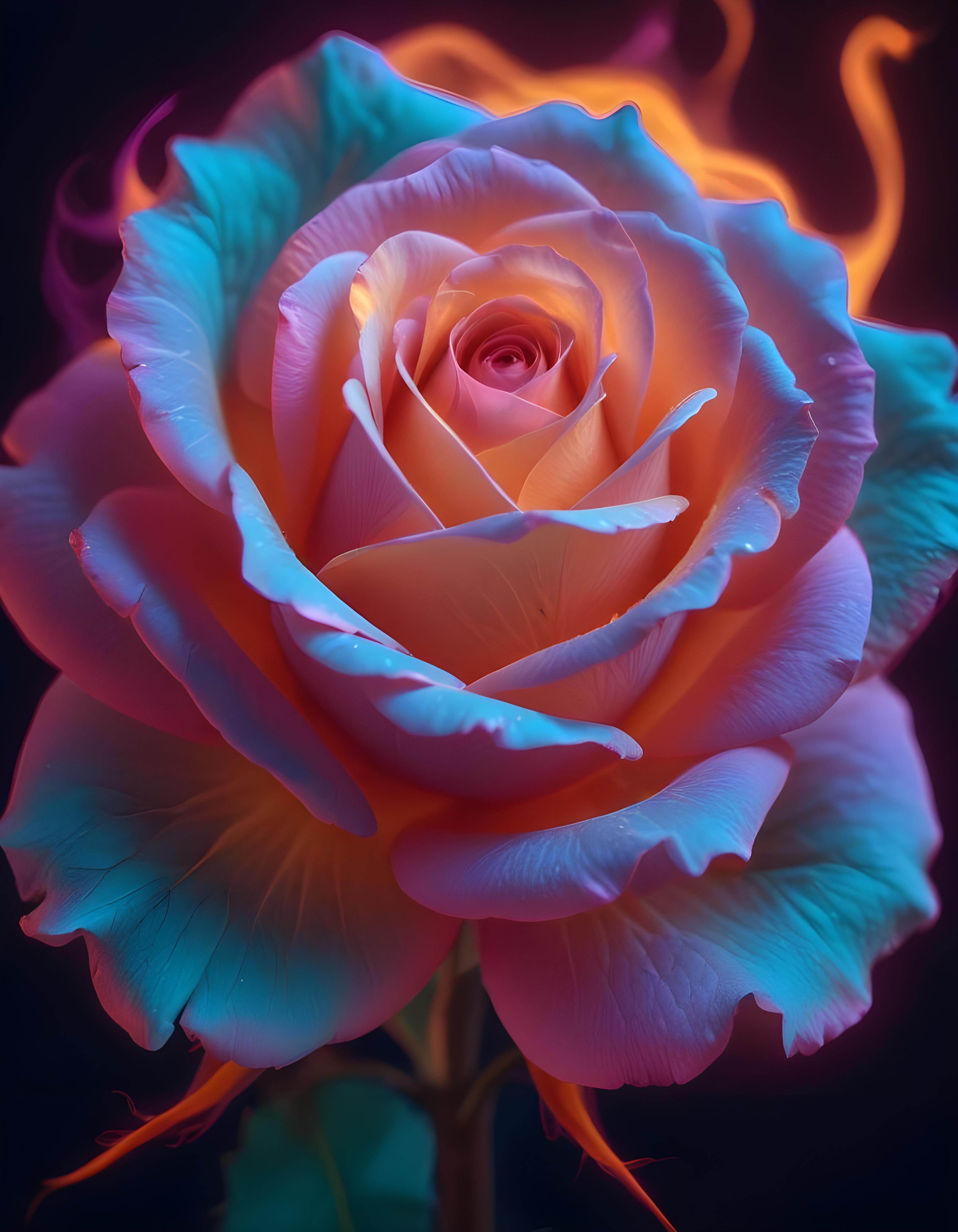 Fantasy Rose Flower with Fire and Glowing Flames Artistic Illustration