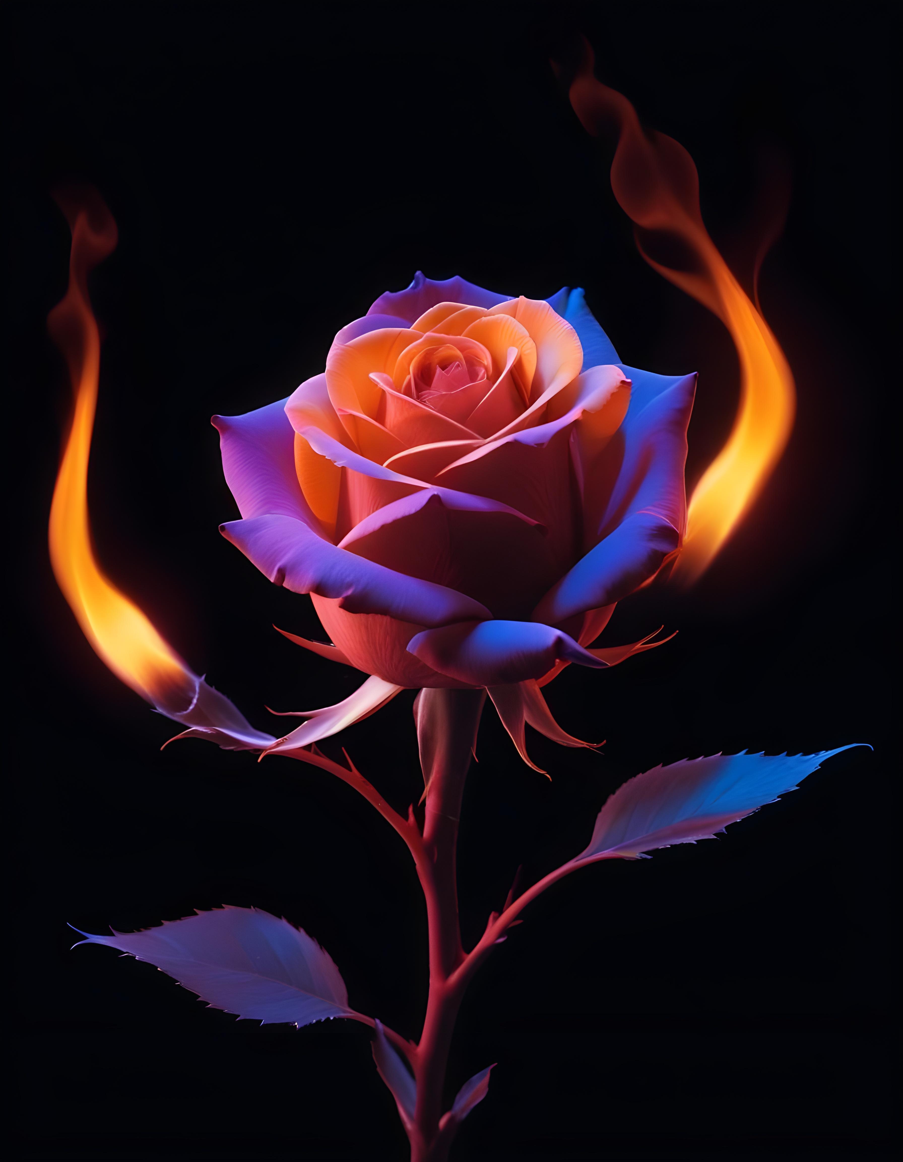 Fantasy Rose Flower with Fire and Glowing Flames Artistic Illustration