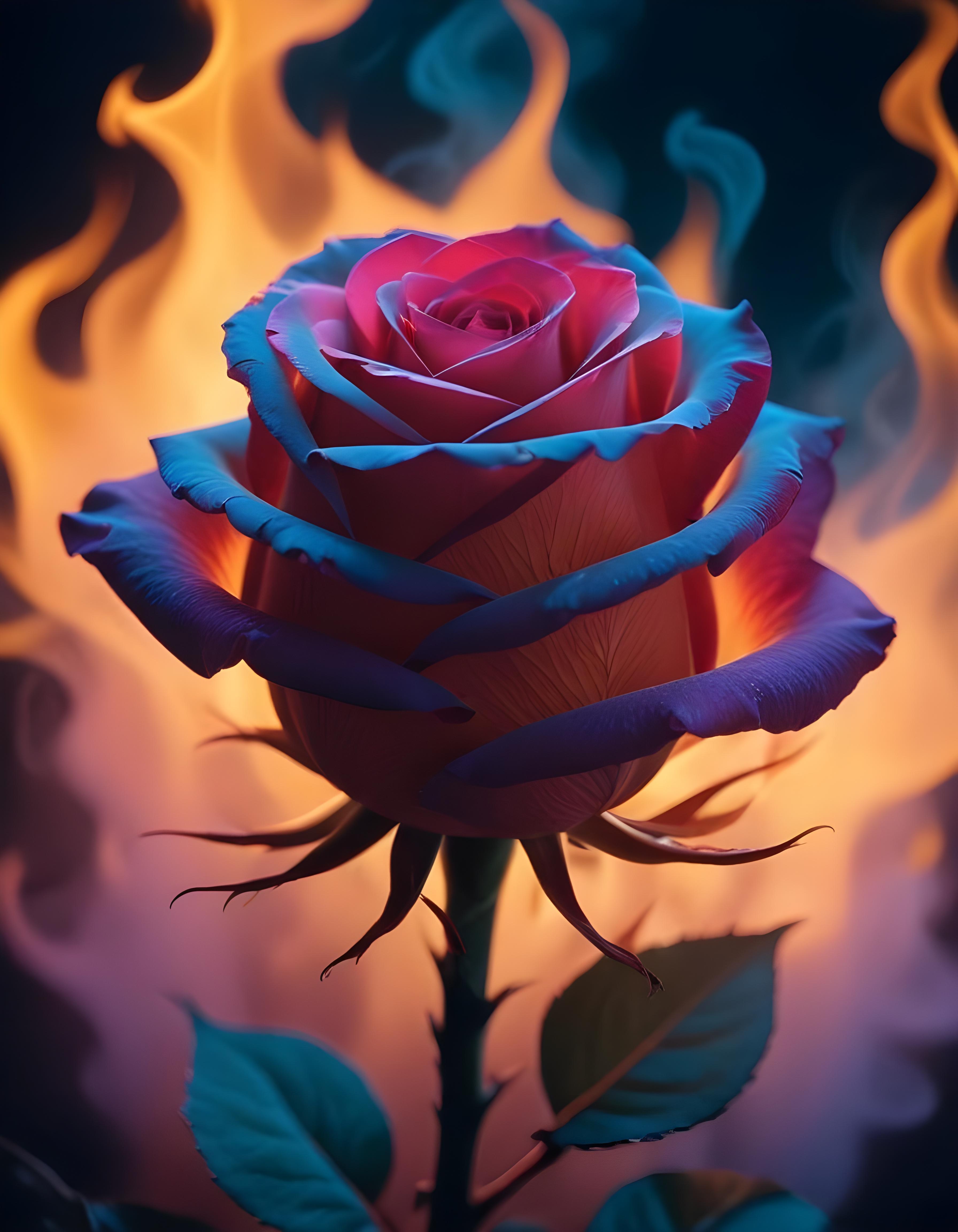 Fantasy Rose Flower with Fire and Glowing Flames Artistic Illustration
