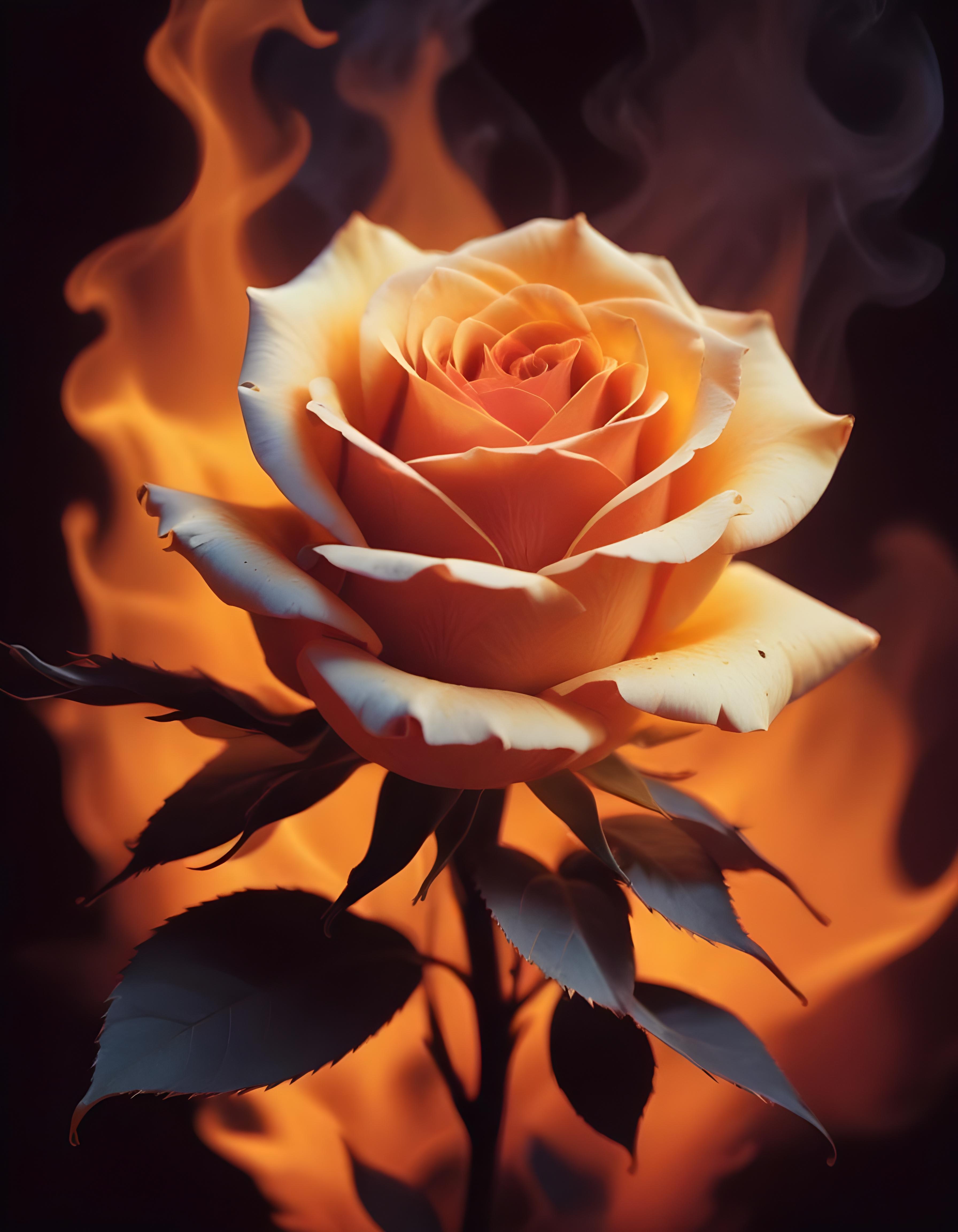 Fantasy Rose Flower with Fire and Glowing Flames Artistic Illustration