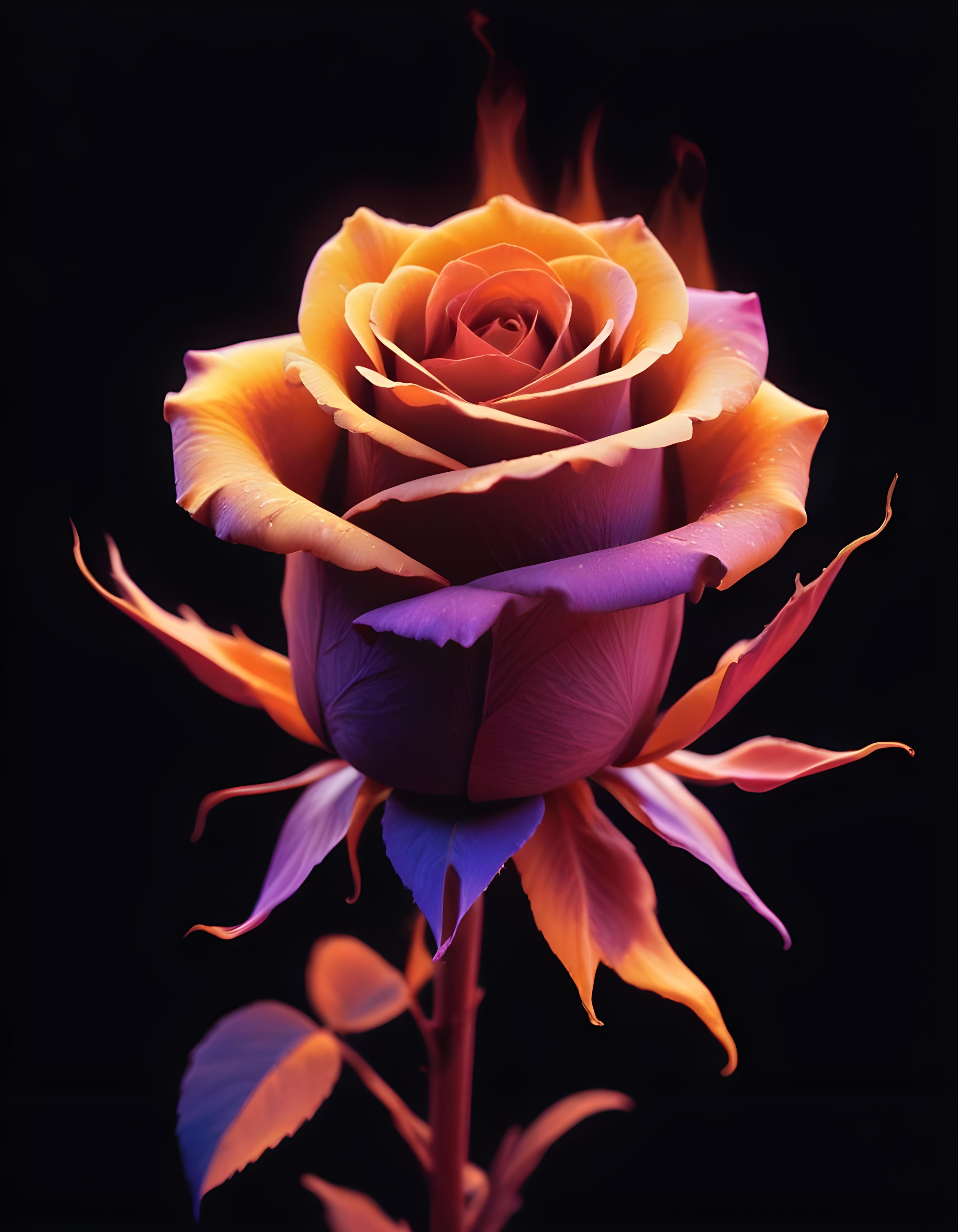 Fantasy Rose Flower with Fire and Glowing Flames Artistic Illustration