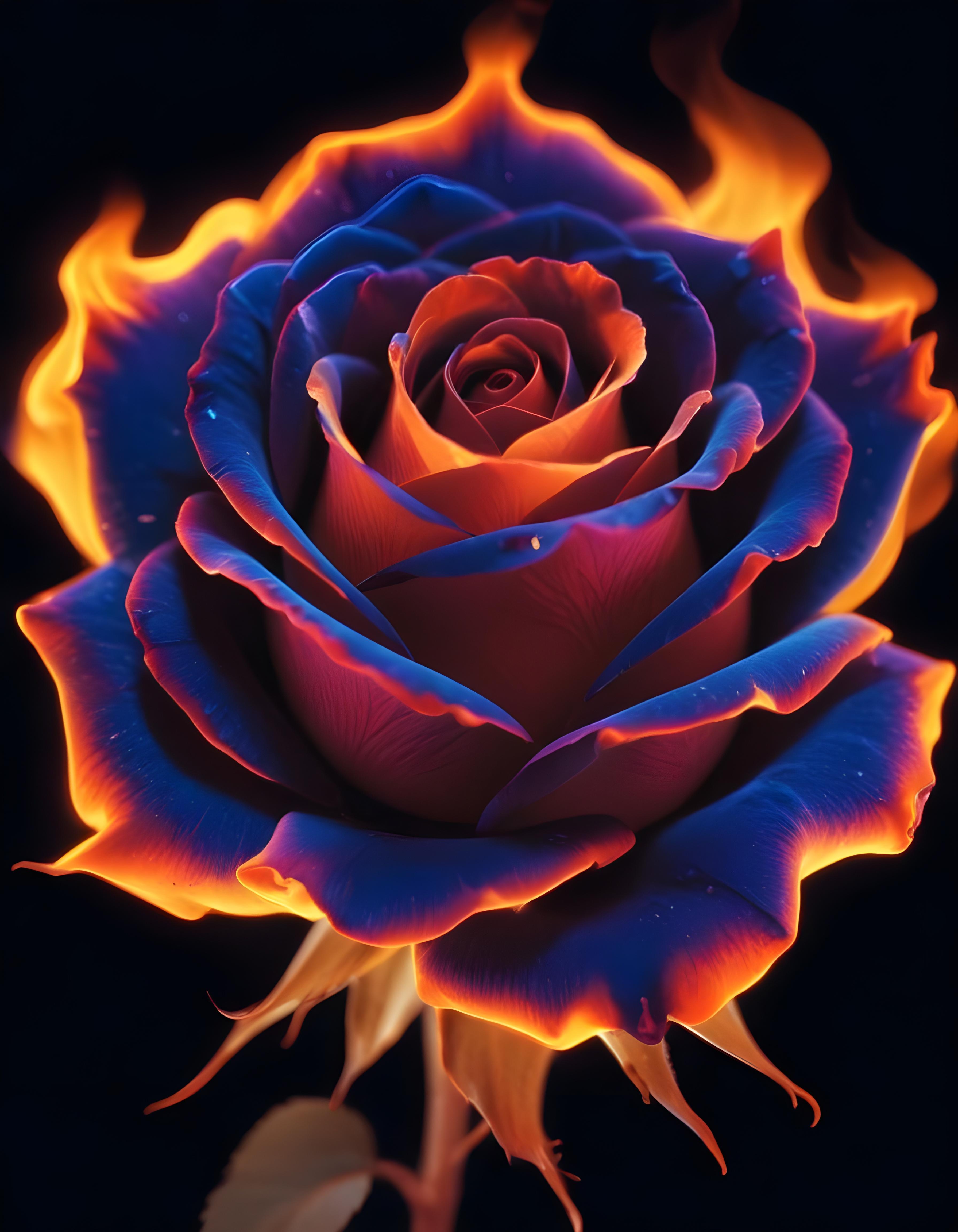 Fantasy Rose Flower with Fire and Glowing Flames Artistic Illustration