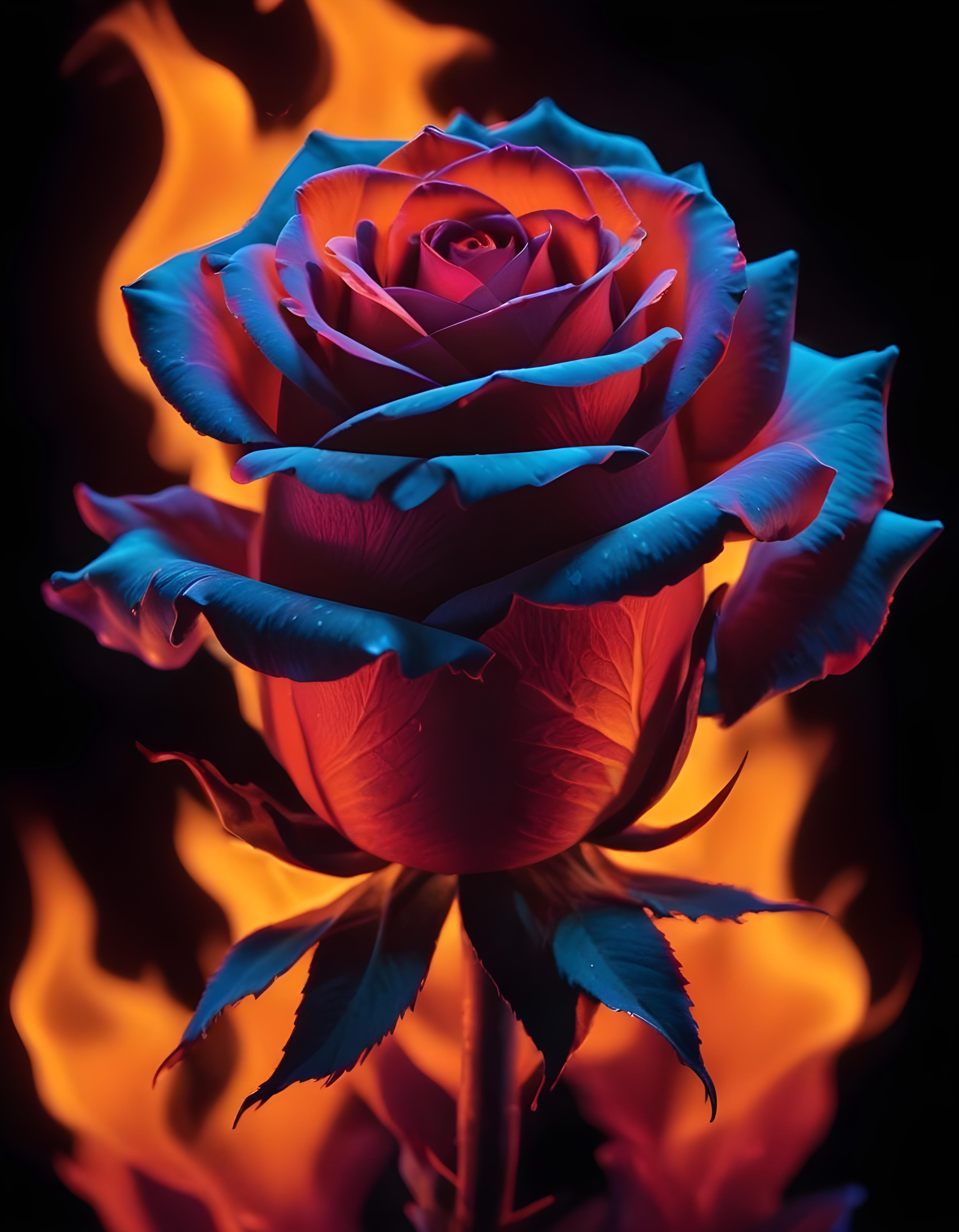 Fantasy Rose Flower with Fire and Glowing Flames Artistic Illustration