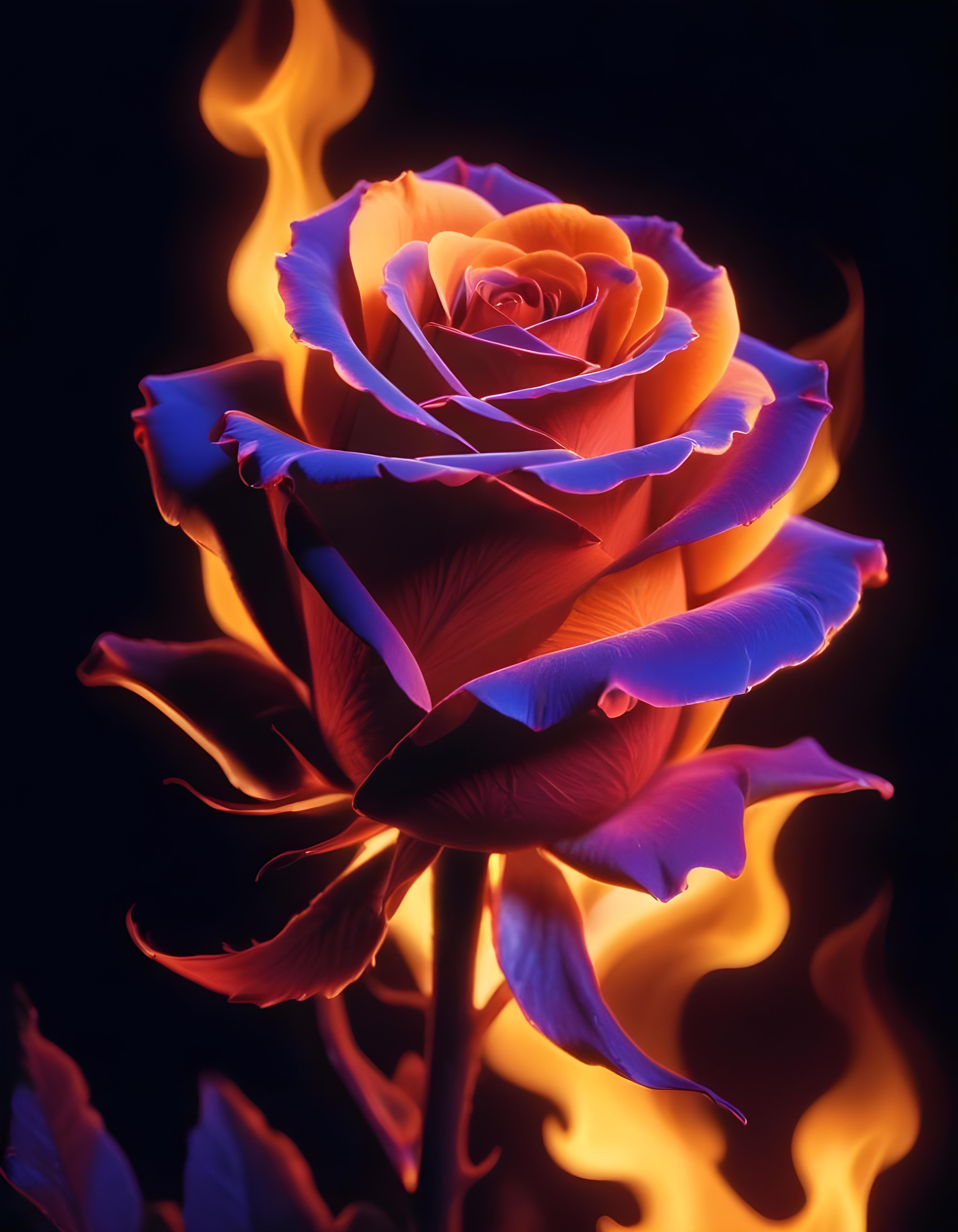 Fantasy Rose Flower with Fire and Glowing Flames Artistic Illustration