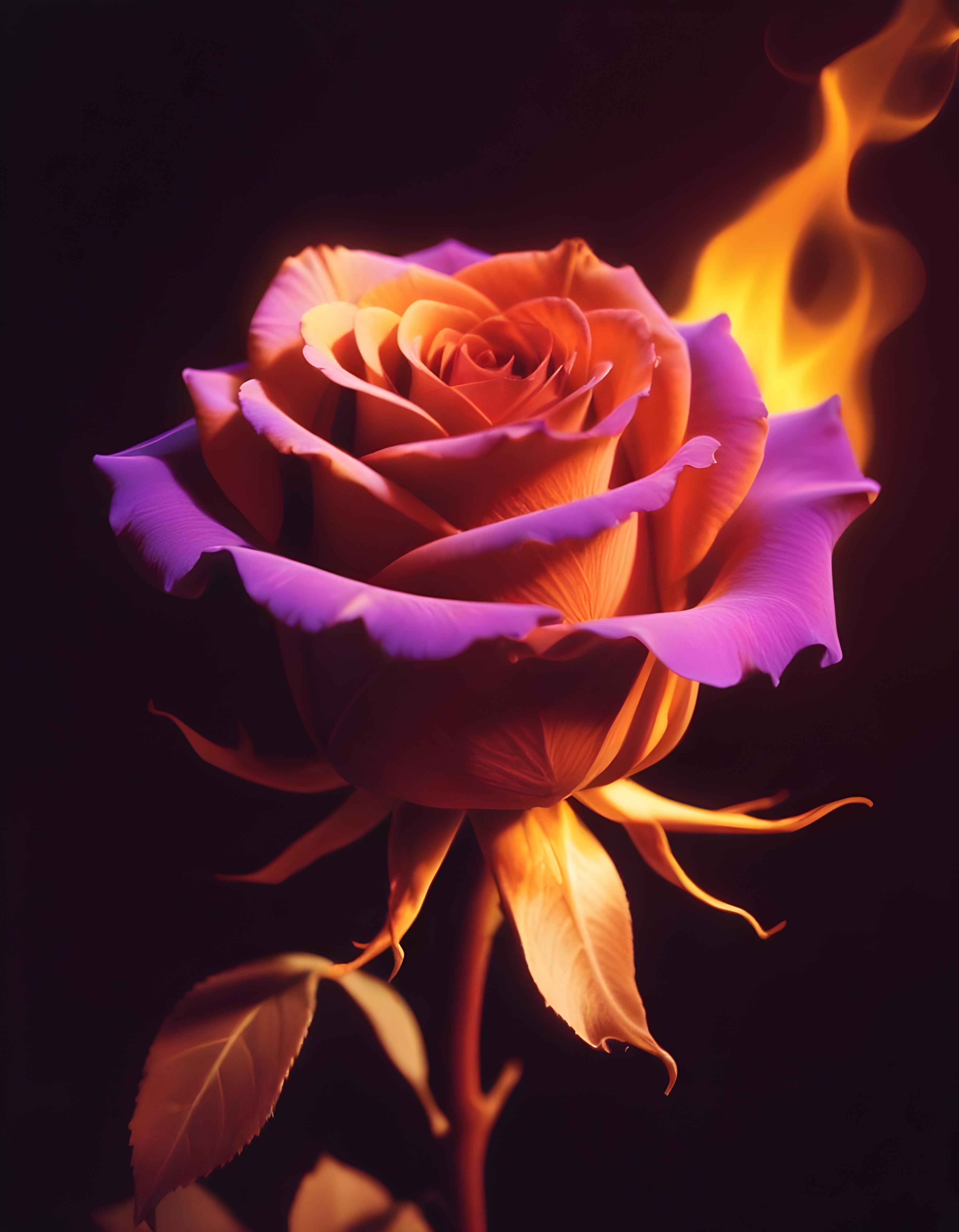Fantasy Rose Flower with Fire and Glowing Flames Artistic Illustration