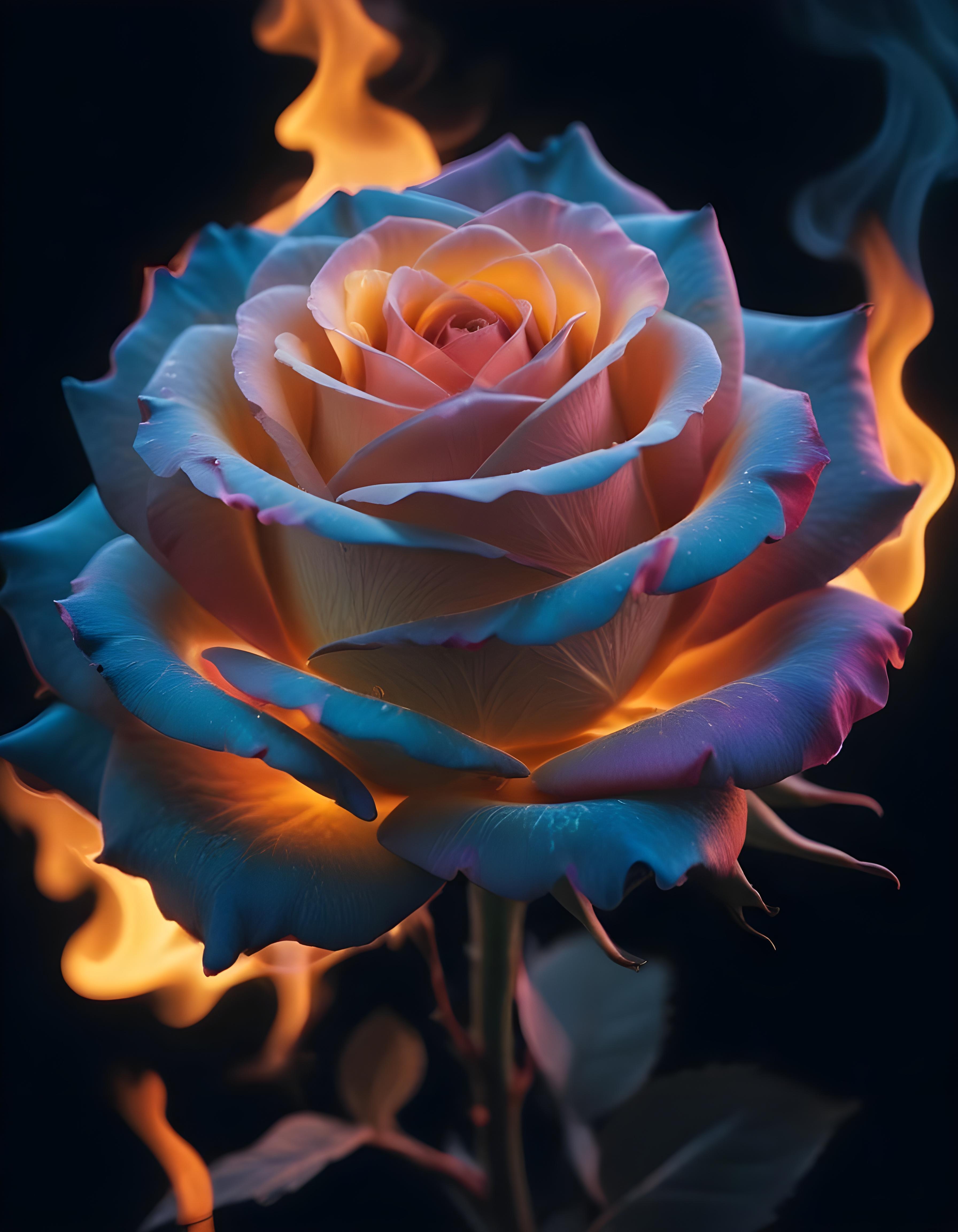 Fantasy Rose Flower with Fire and Glowing Flames Artistic Illustration