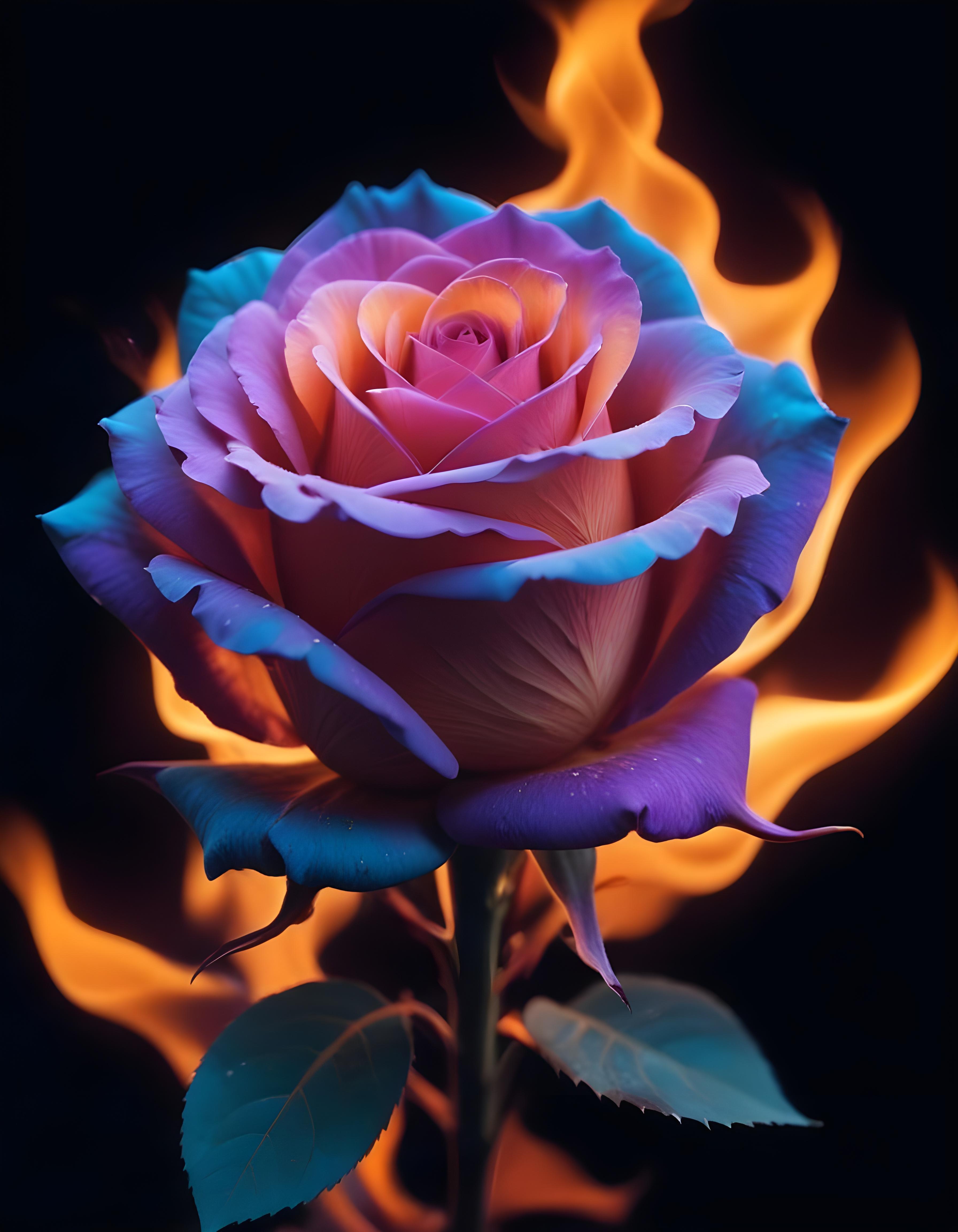 Fantasy Rose Flower with Fire and Glowing Flames Artistic Illustration