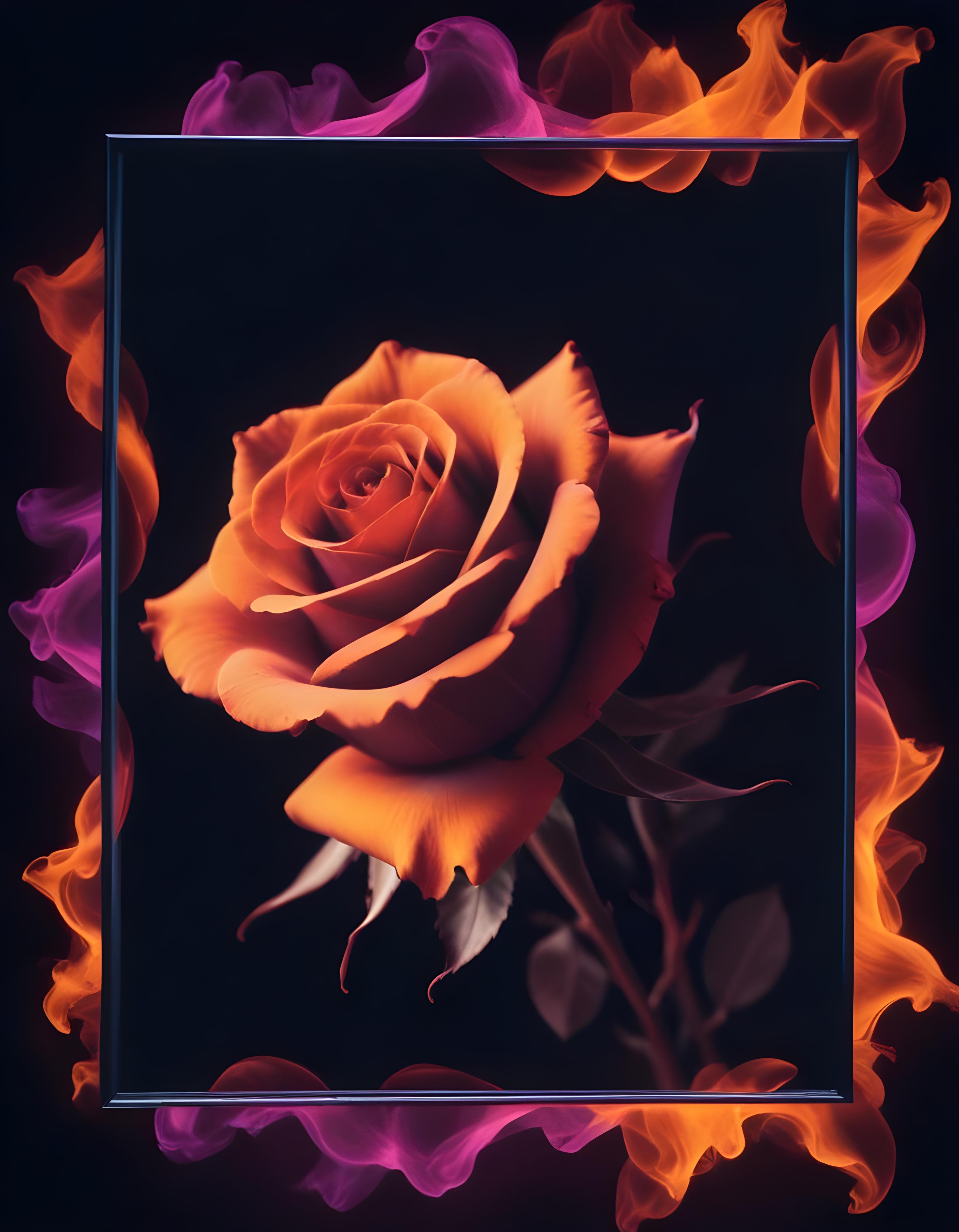 Fantasy Rose Flower with Fire and Glowing Flames Artistic Illustration